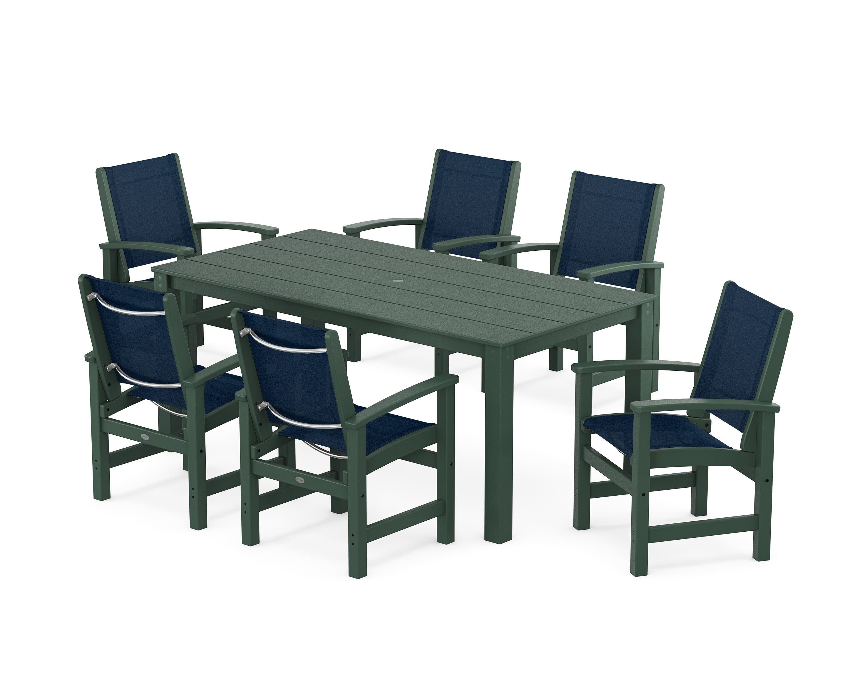 Coastal 7-Piece Parsons Dining Set in Green / Navy Blue Sling