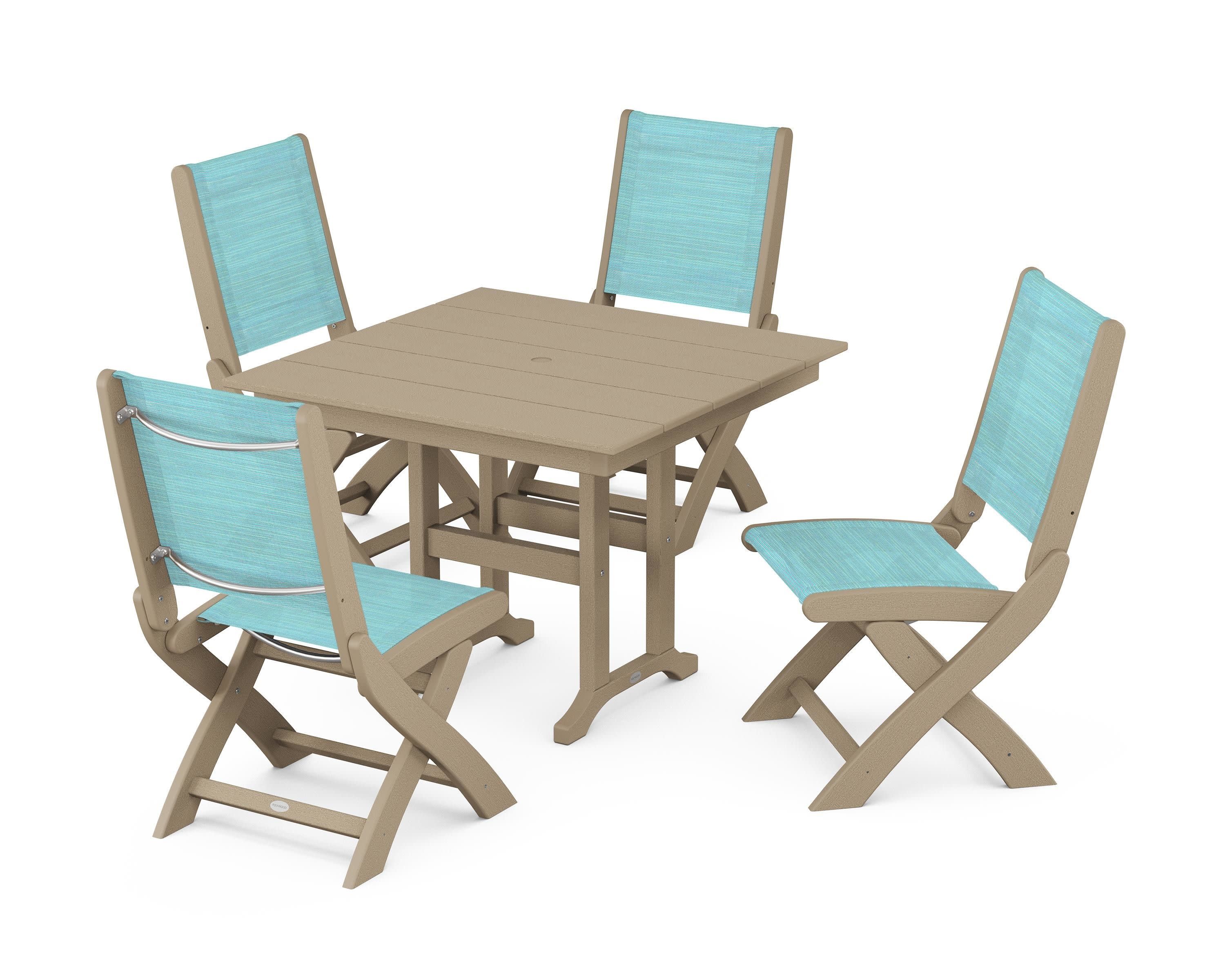 Coastal Folding Side Chair 5-Piece Farmhouse Dining Set in Vintage Sahara / Dupioni Aquamarine Sling