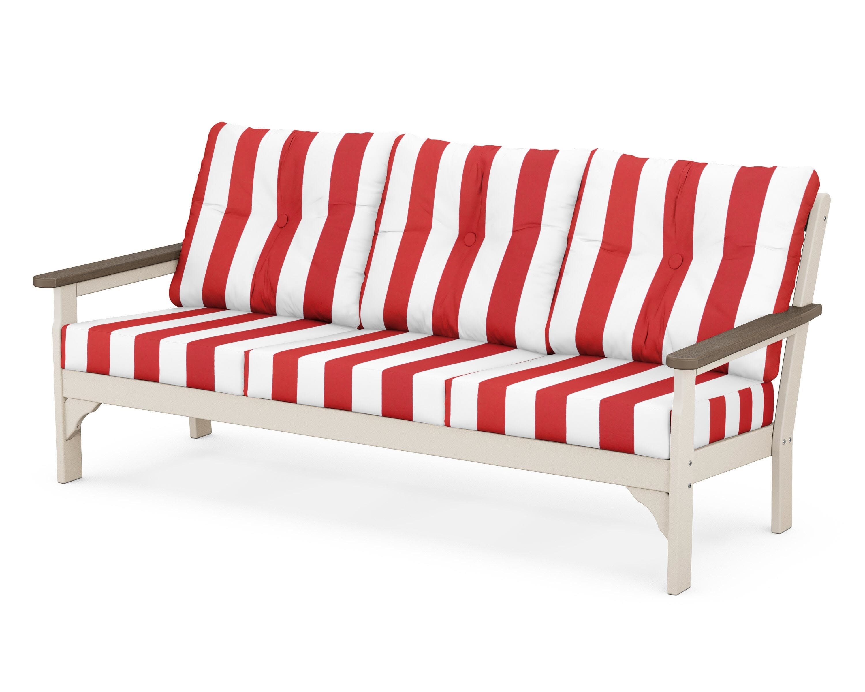 Vineyard Deep Seating Sofa in Sand / Kona / Cabana Stripe Crimson