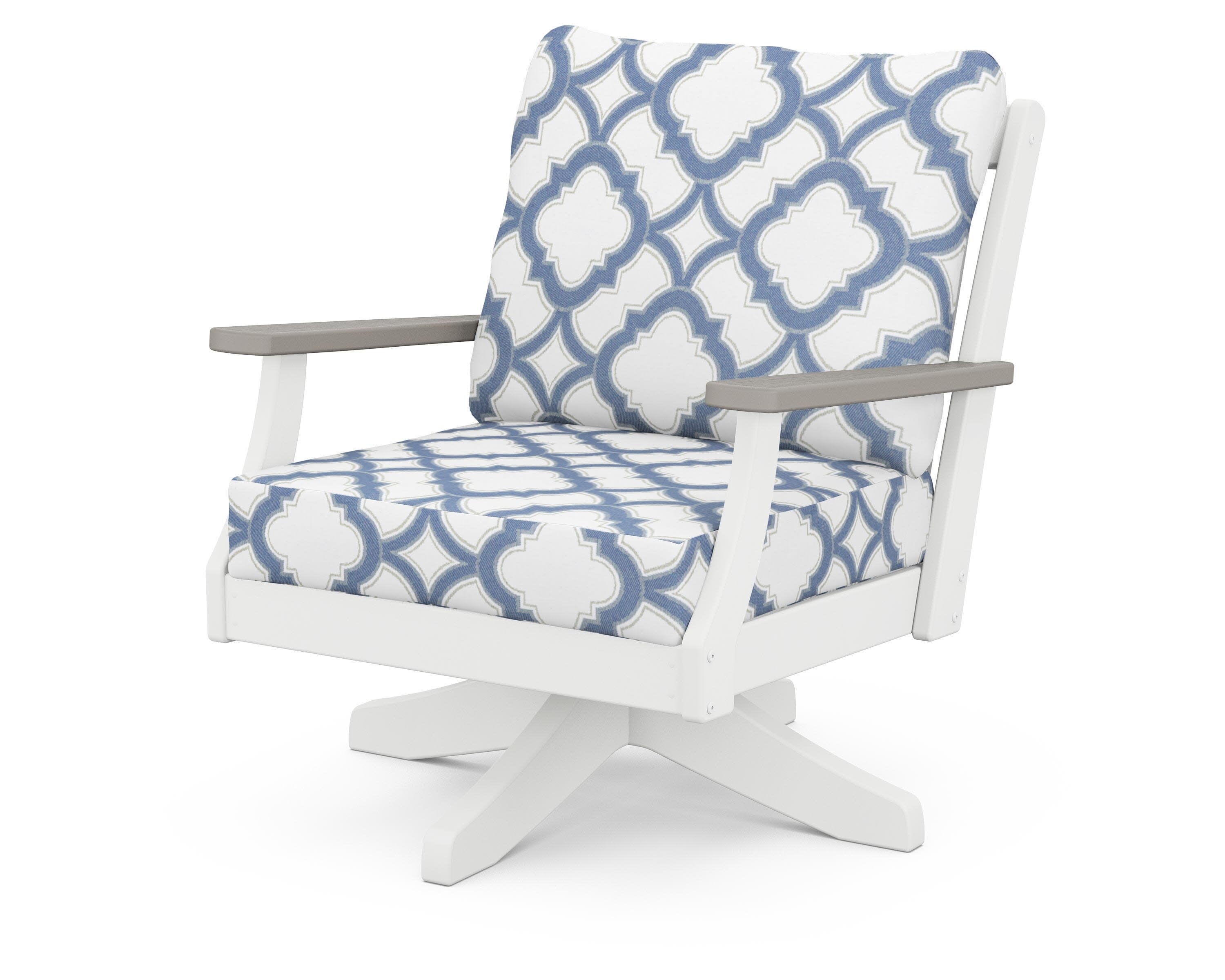 Braxton Deep Seating Swivel Chair in White / Driftwood / Trellis Sky Blue
