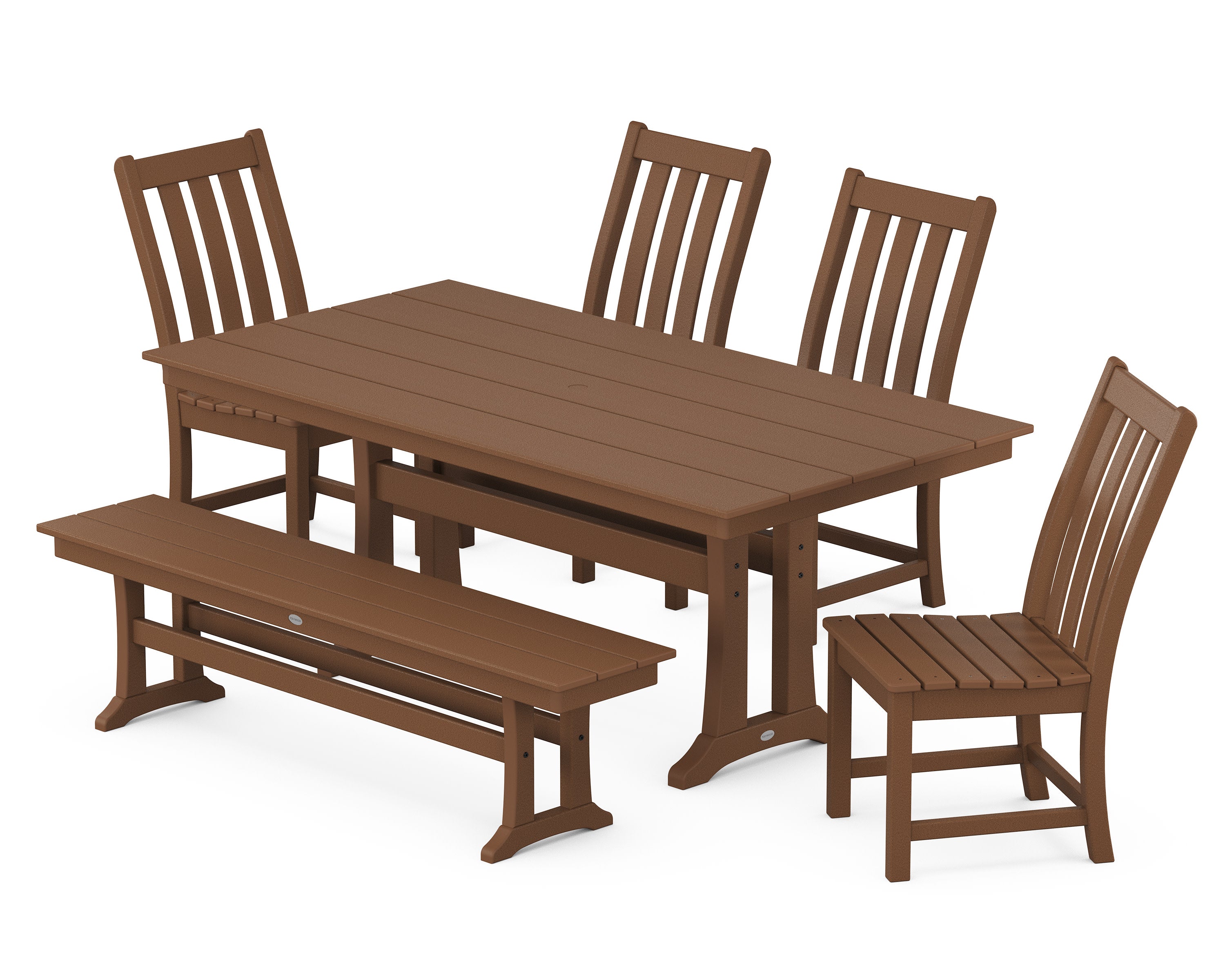 Vineyard Side Chair 6-Piece Farmhouse Dining Set with Trestle Legs and Bench in Teak