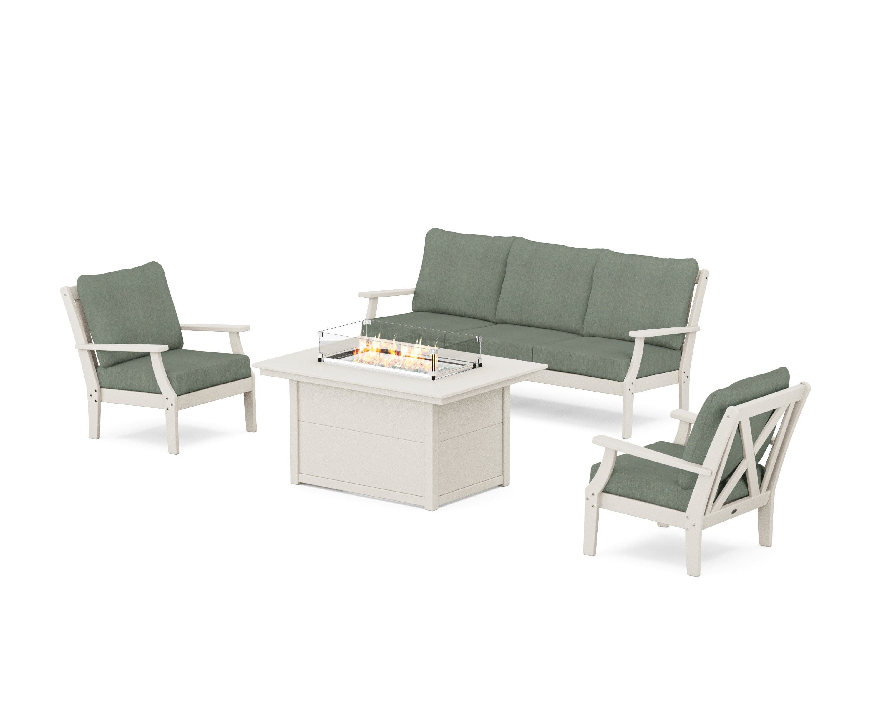 Braxton Deep Seating Fire Pit Table Set in Sand / Cast Sage