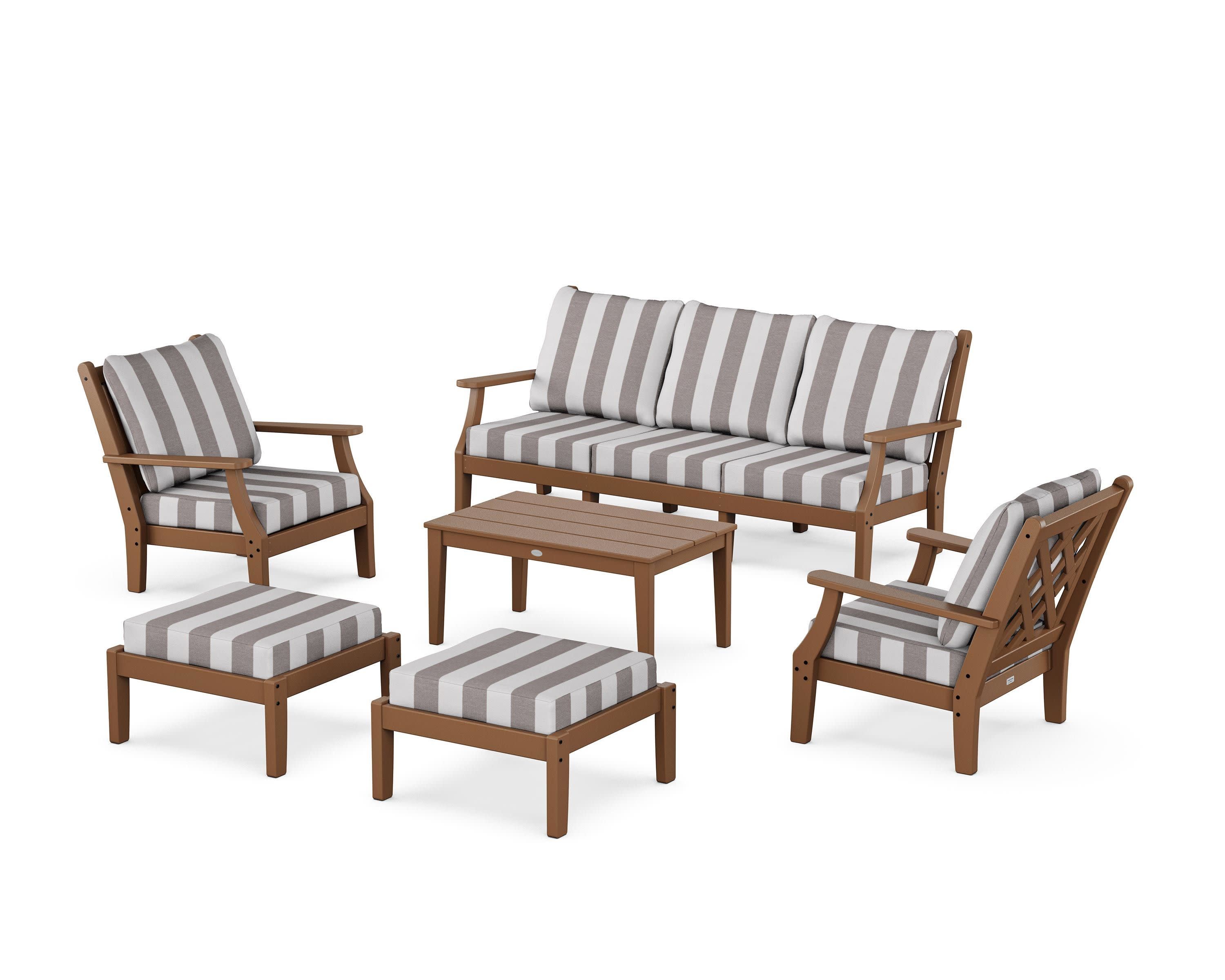 Wovendale 6-Piece Lounge Sofa Set in Teak / Cabana Stripe Grey Mist