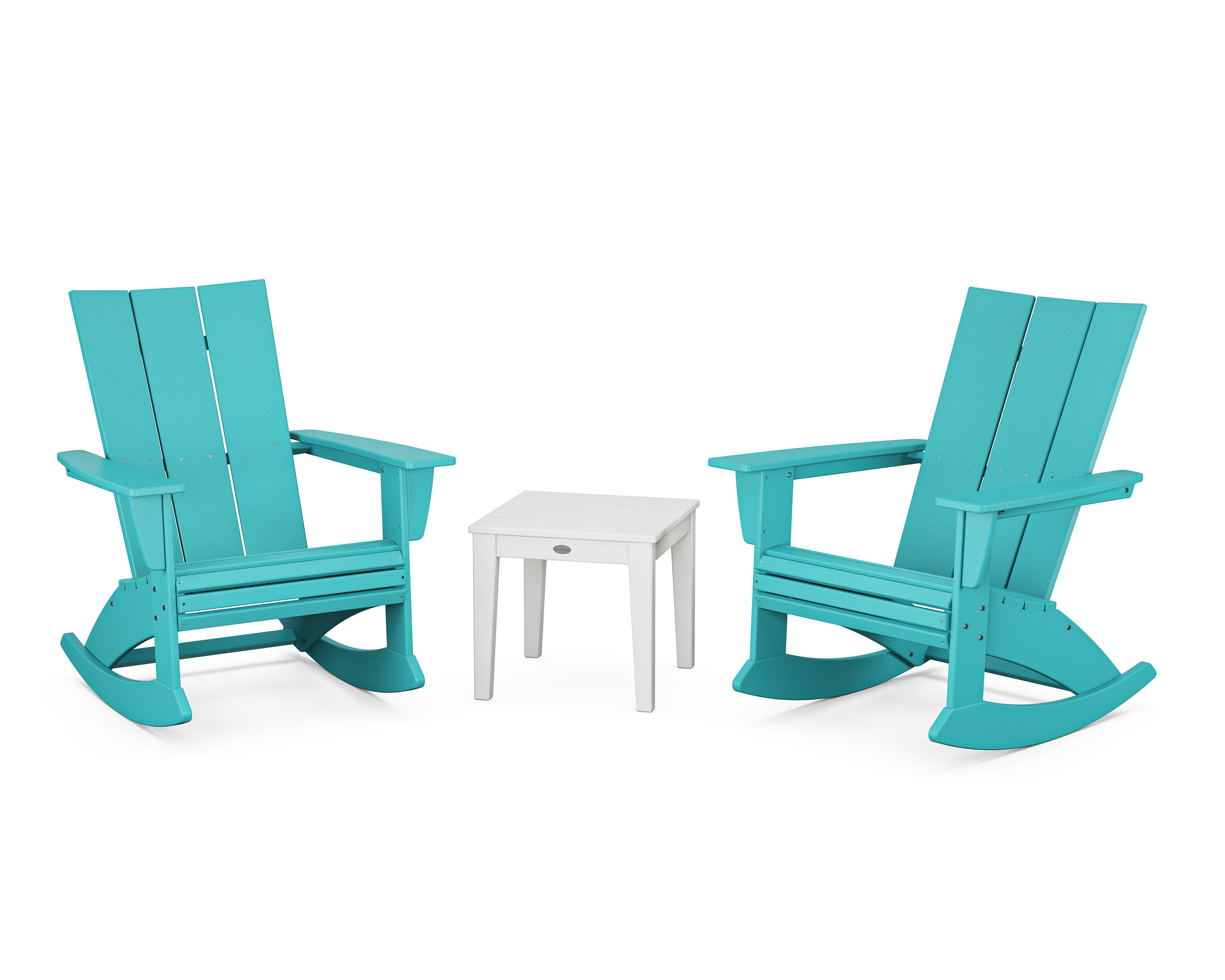 Modern Curveback 3-Piece Adirondack Rocking Chair Set in Aruba / White