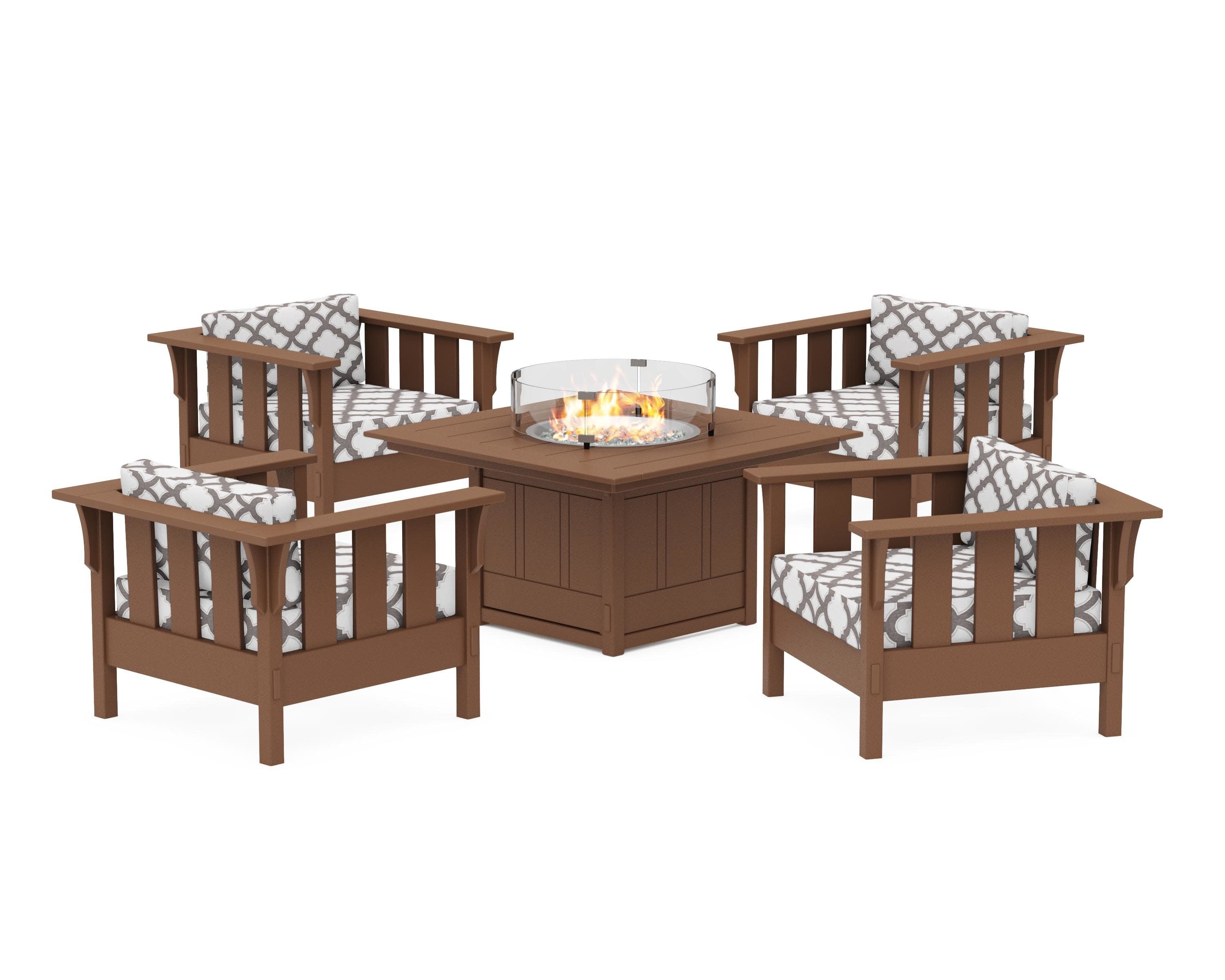 Acadia 5-Piece Deep Seating Set with Fire Pit Table in Teak / Trellis Grey Mist
