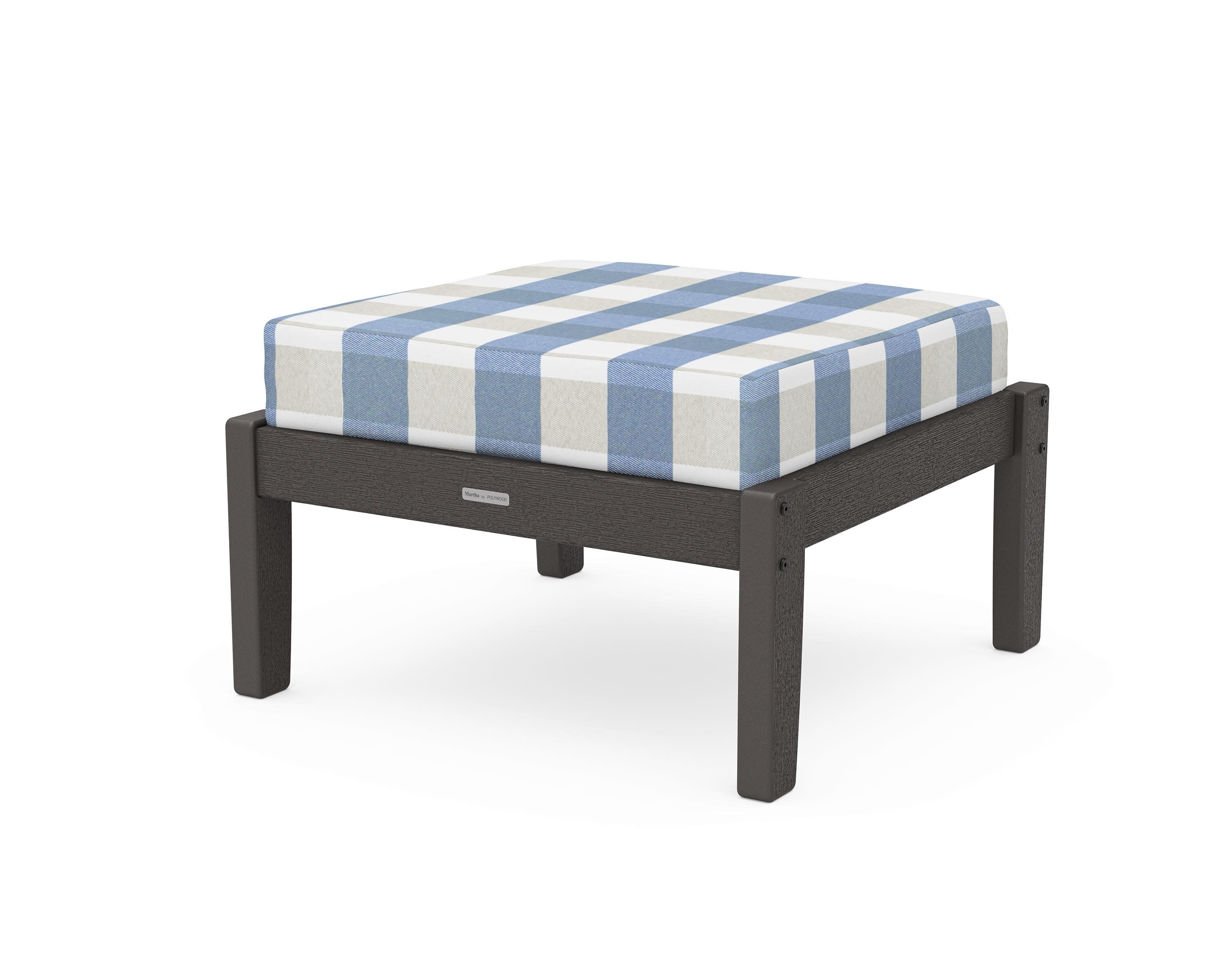 Chinoiserie Deep Seating Ottoman in Vintage Coffee / Buffalo Plaid Sky Blue