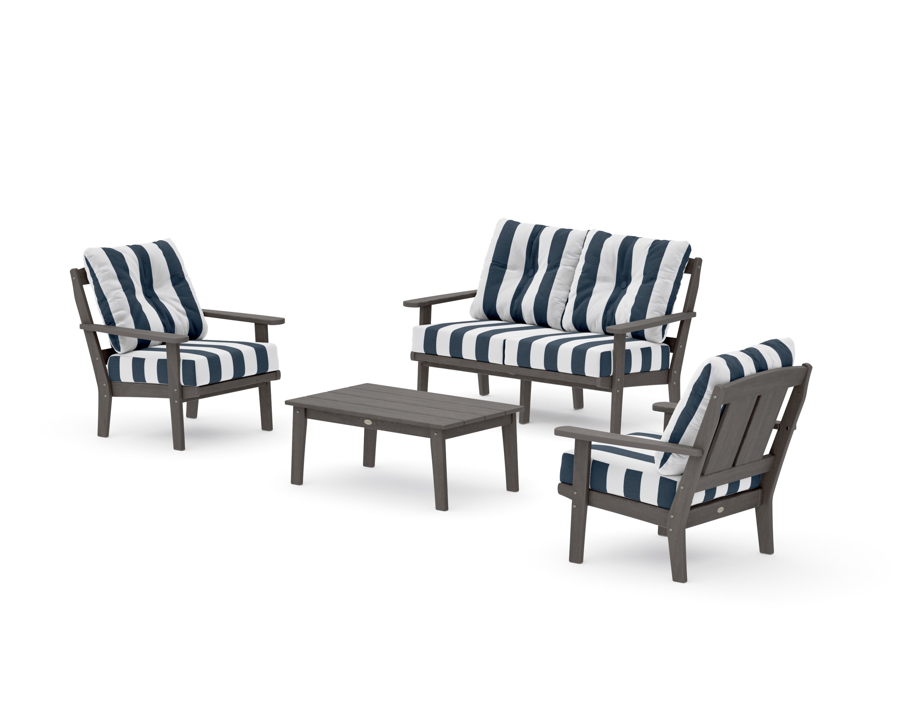Mission 4-Piece Deep Seating Set with Loveseat in Driftwood / Cabana Stripe Marine Indigo
