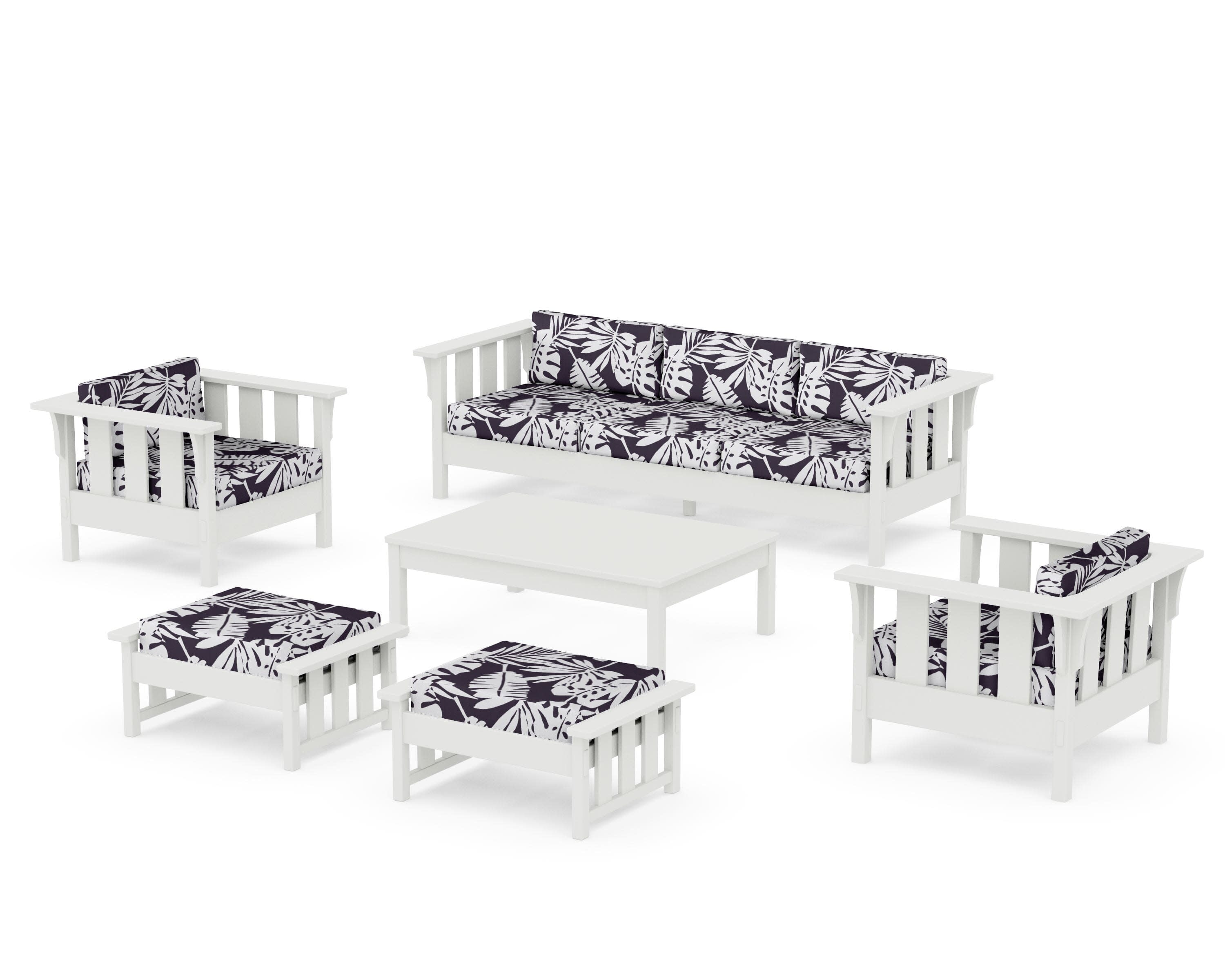 Acadia 6-Piece Lounge Sofa Set in Vintage White / Leaf Navy