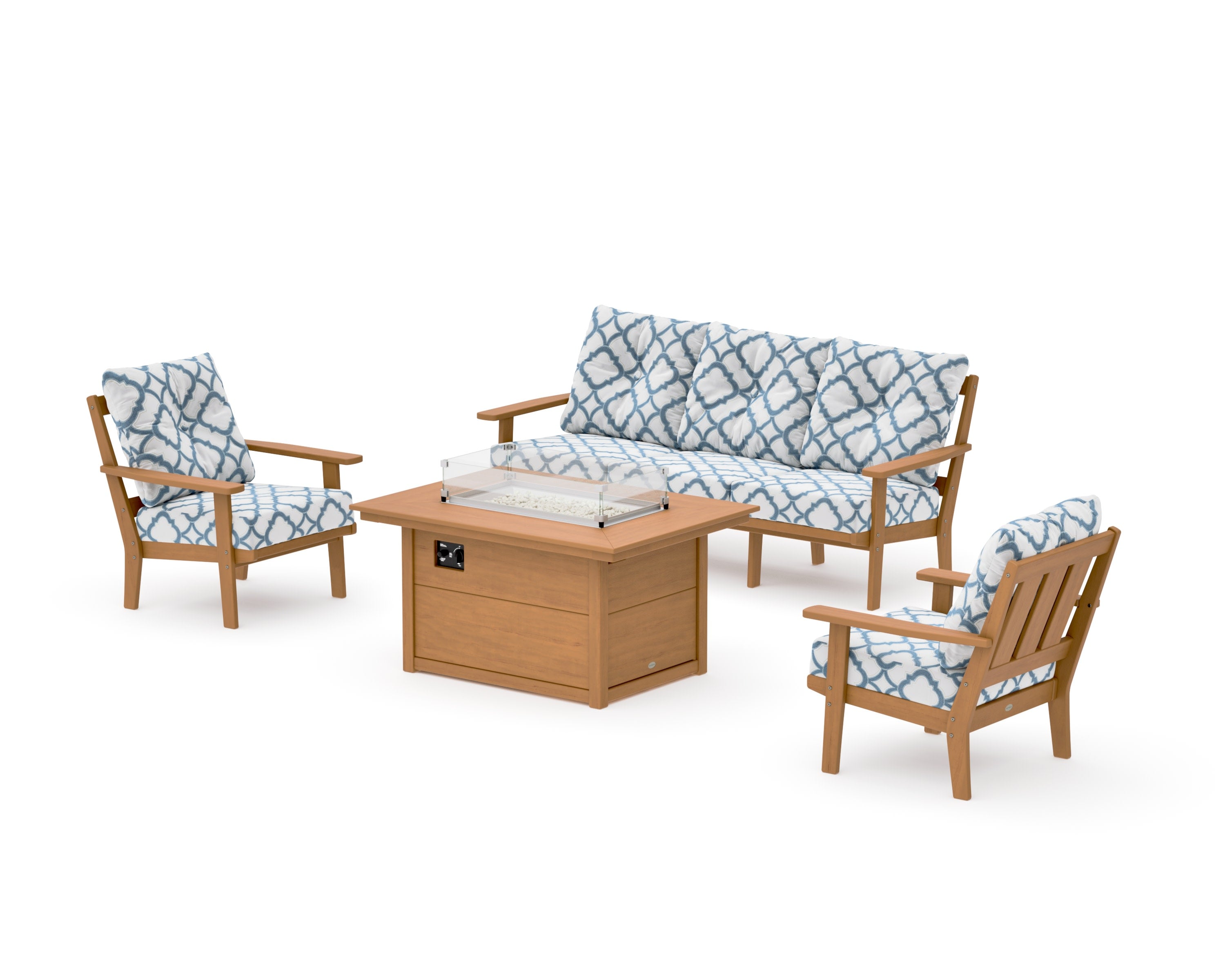 Oxford Deep Seating Fire Pit Table Set in Natural / Trellis Sky Blue