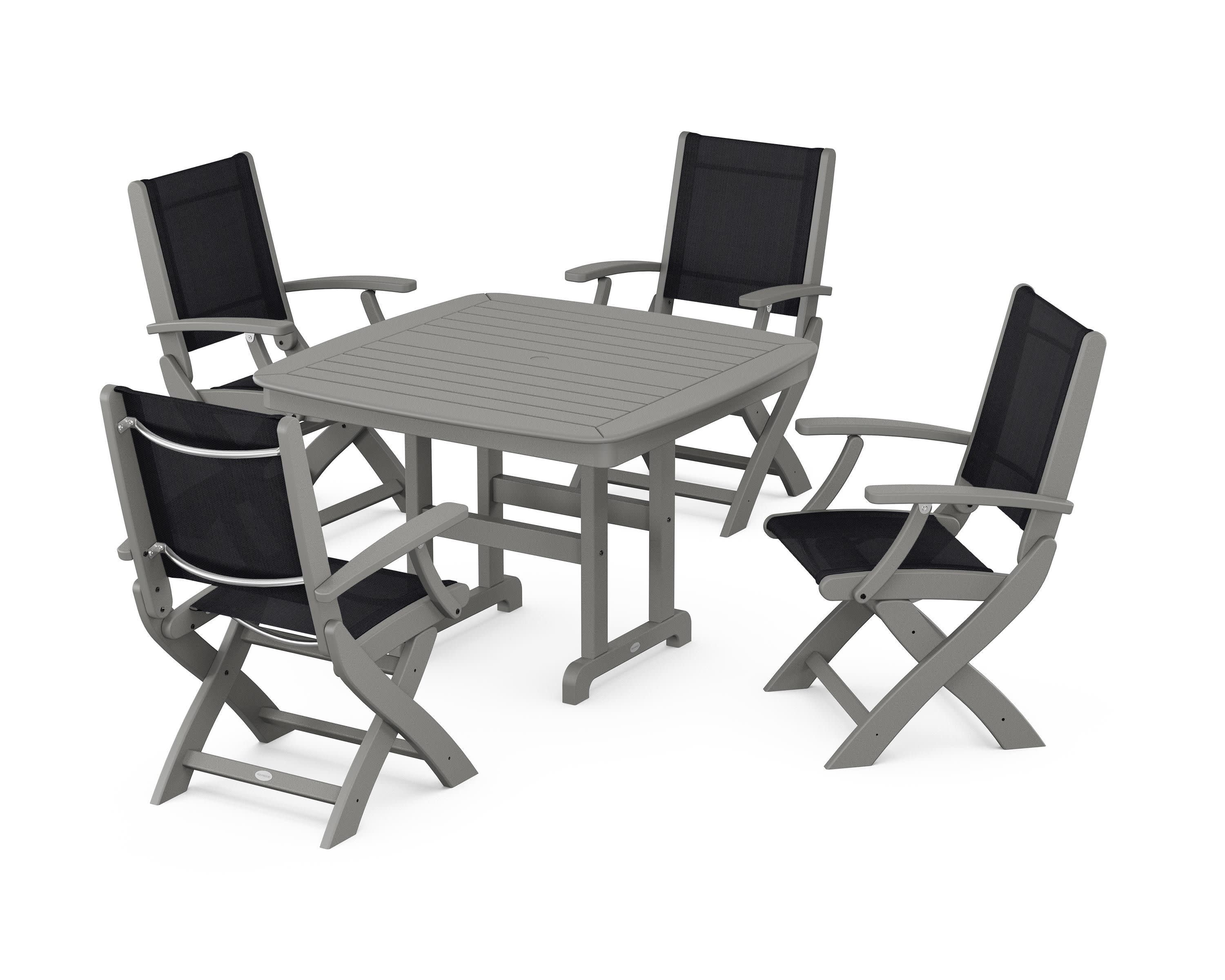 Coastal Folding Chair 5-Piece Dining Set in Slate Grey / Black Sling