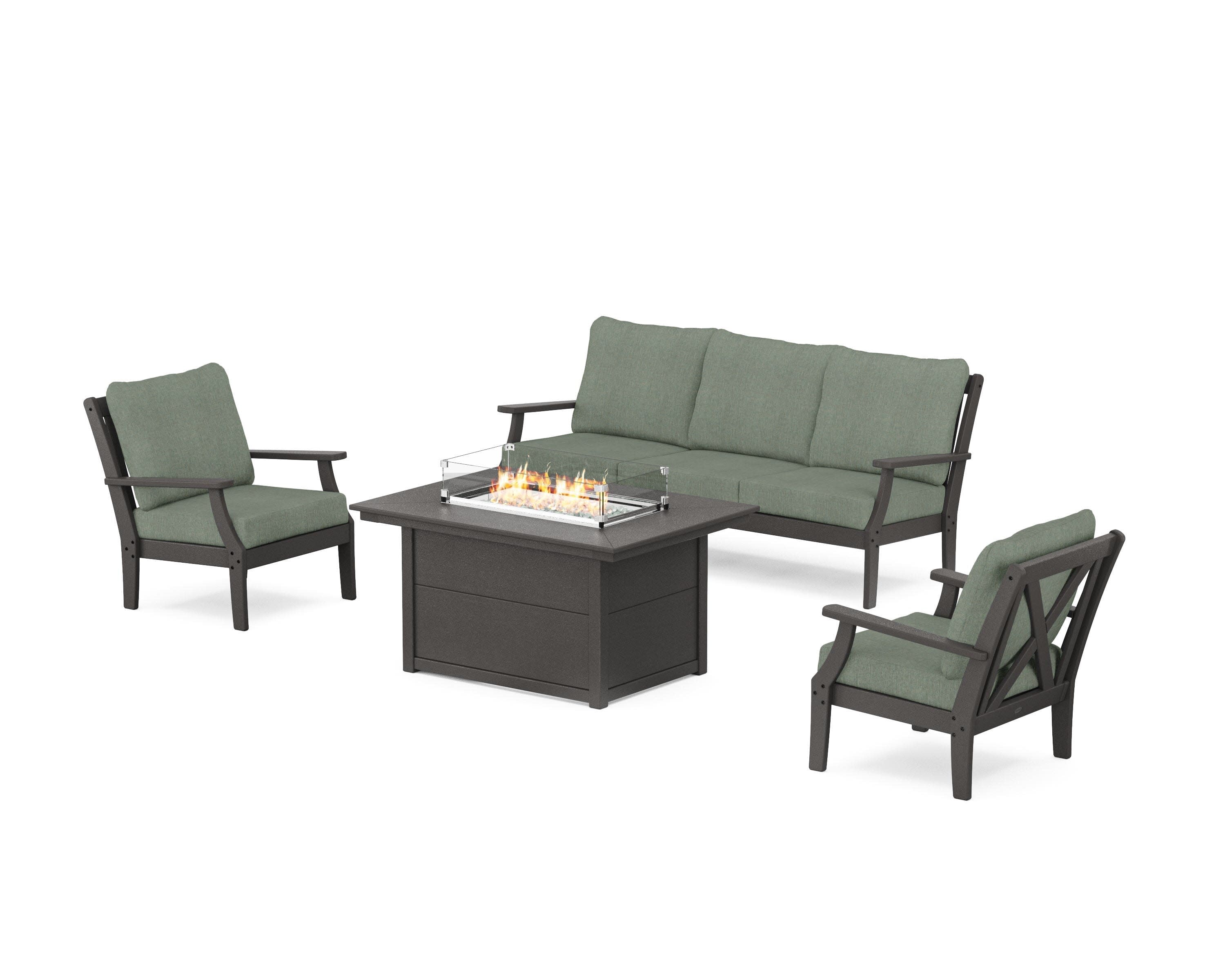 Braxton Deep Seating Fire Pit Table Set in Vintage Coffee / Cast Sage