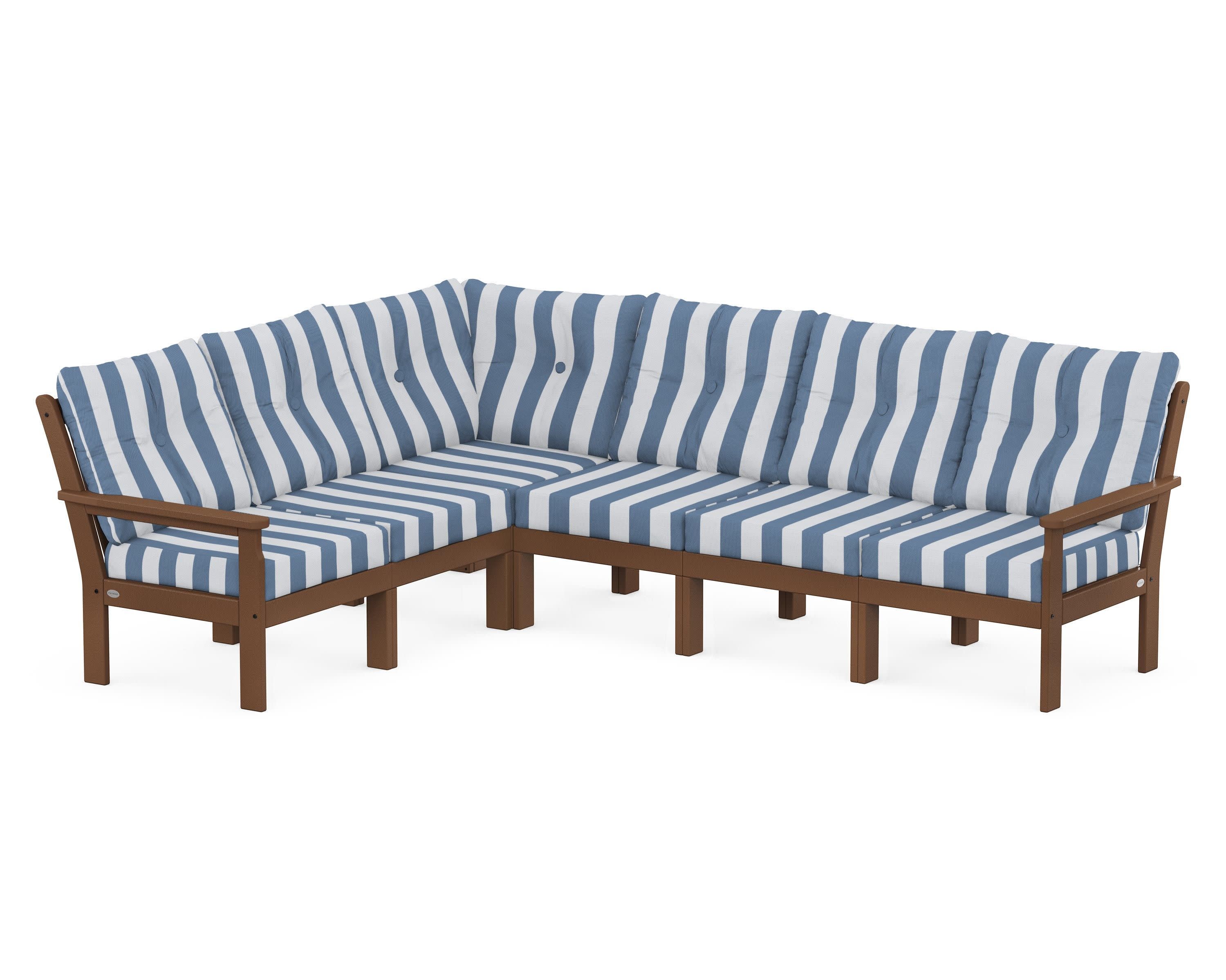 Vineyard 6-Piece Sectional in Teak / Cabana Stripe Sky Blue