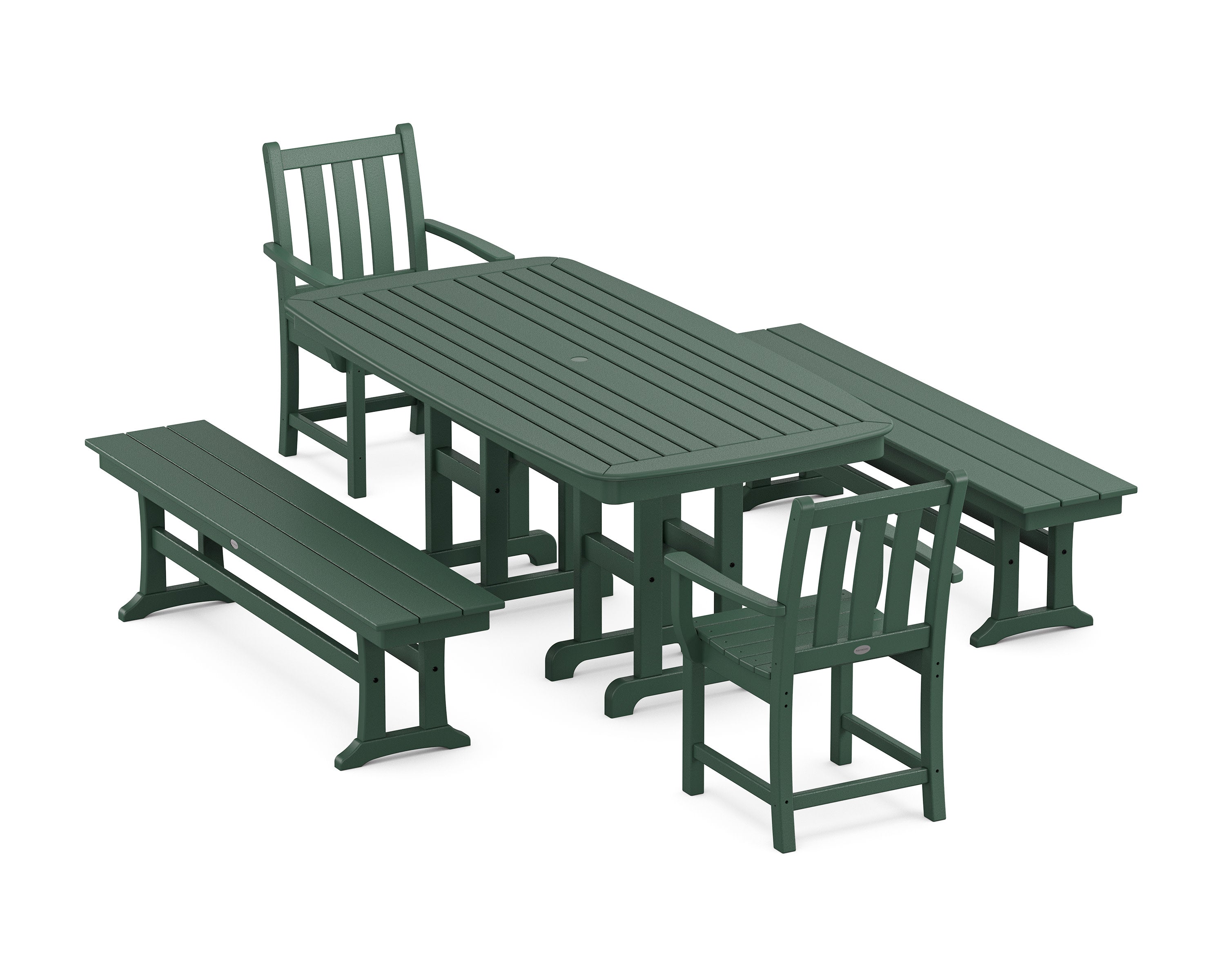 Traditional Garden 5-Piece Dining Set with Benches in Green