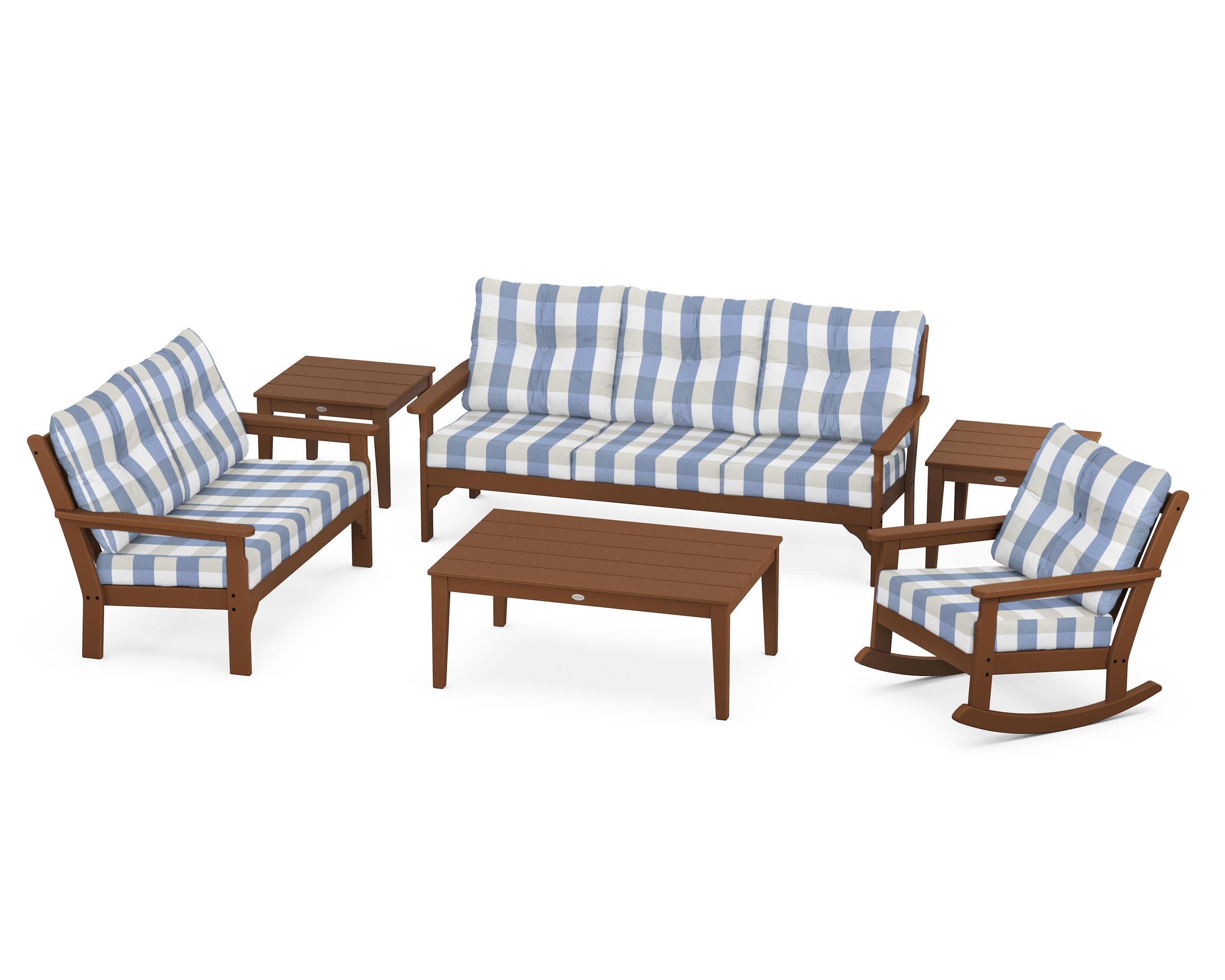 Vineyard 6-Piece Deep Seating Set in Teak / Buffalo Plaid Sky Blue