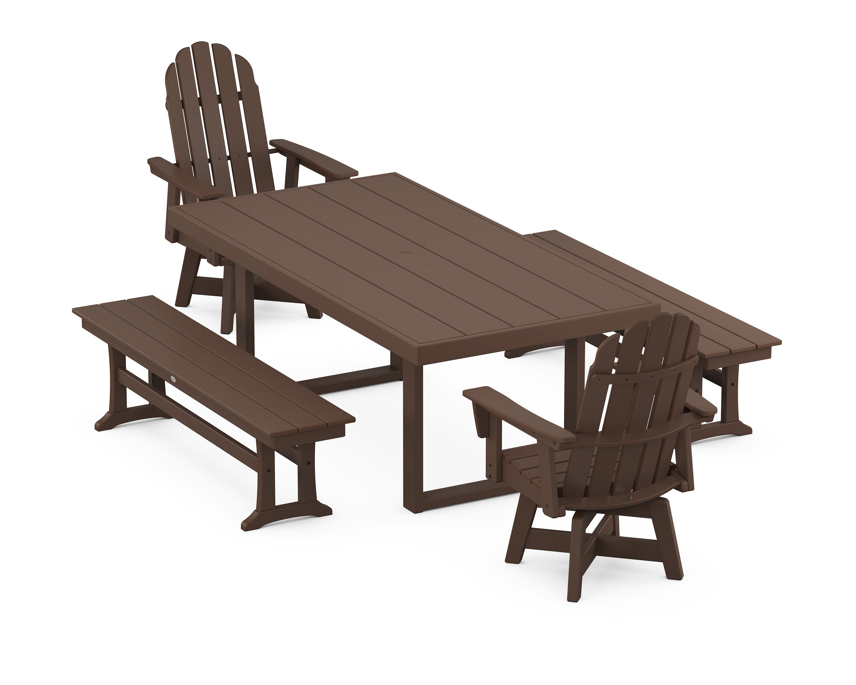 Vineyard Curveback Adirondack Swivel Chair 5-Piece Dining Set with Benches in Mahogany