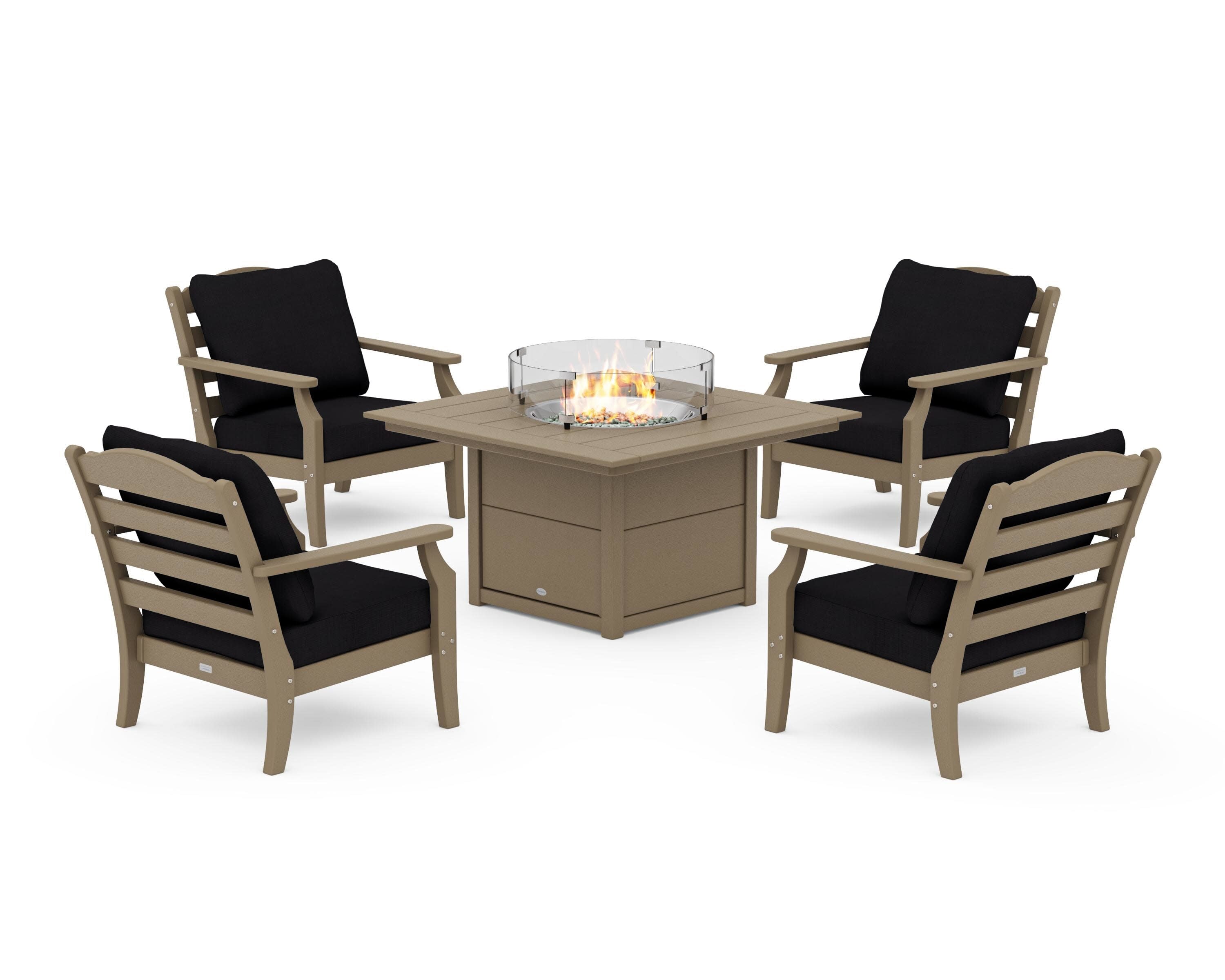 Savannah 5-Piece Deep Seating Set with Fire Pit Table in Vintage Sahara / Midnight Linen