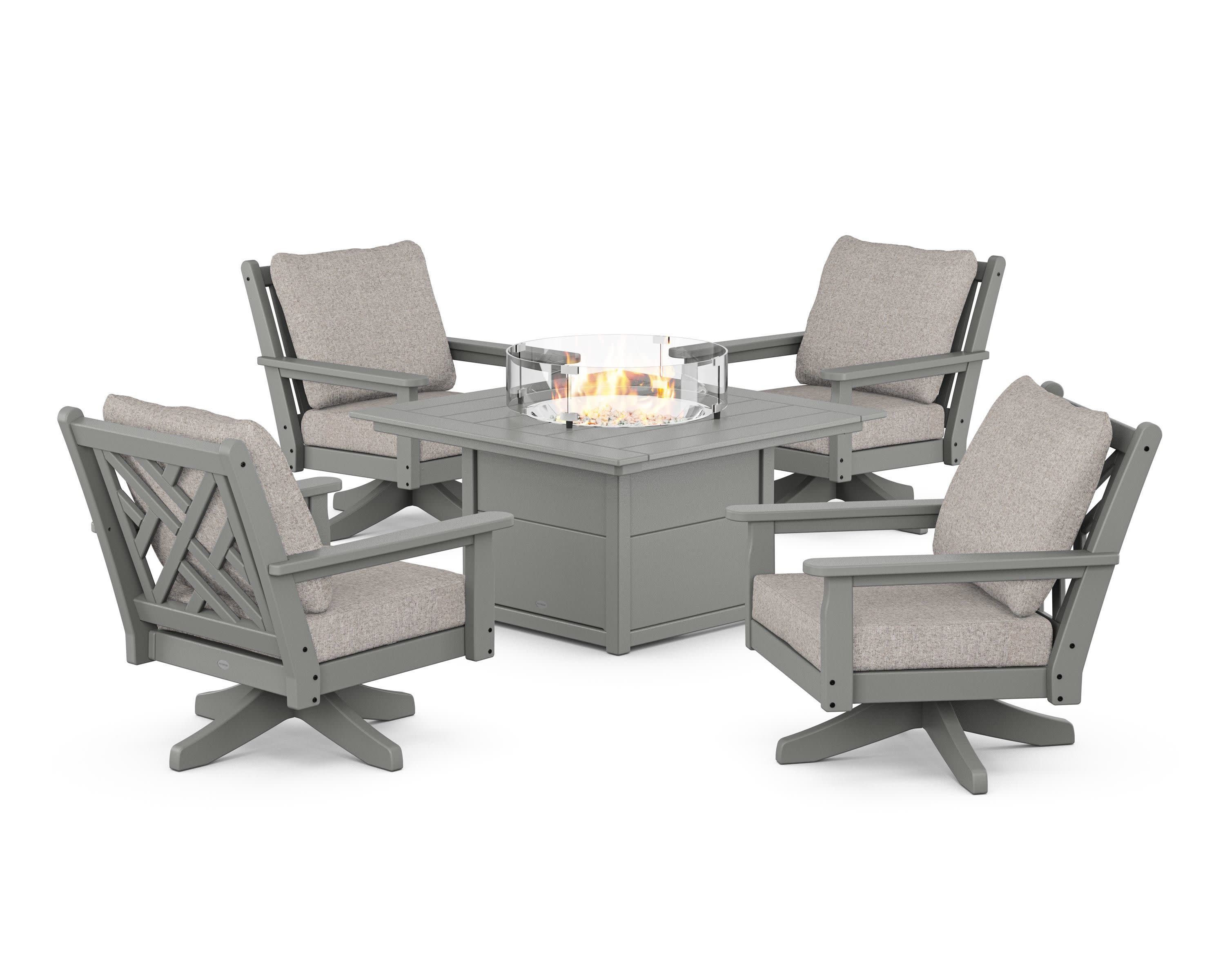 Chippendale 5-Piece Deep Seating Swivel Conversation Set with Fire Pit Table in Slate Grey / Weathered Tweed