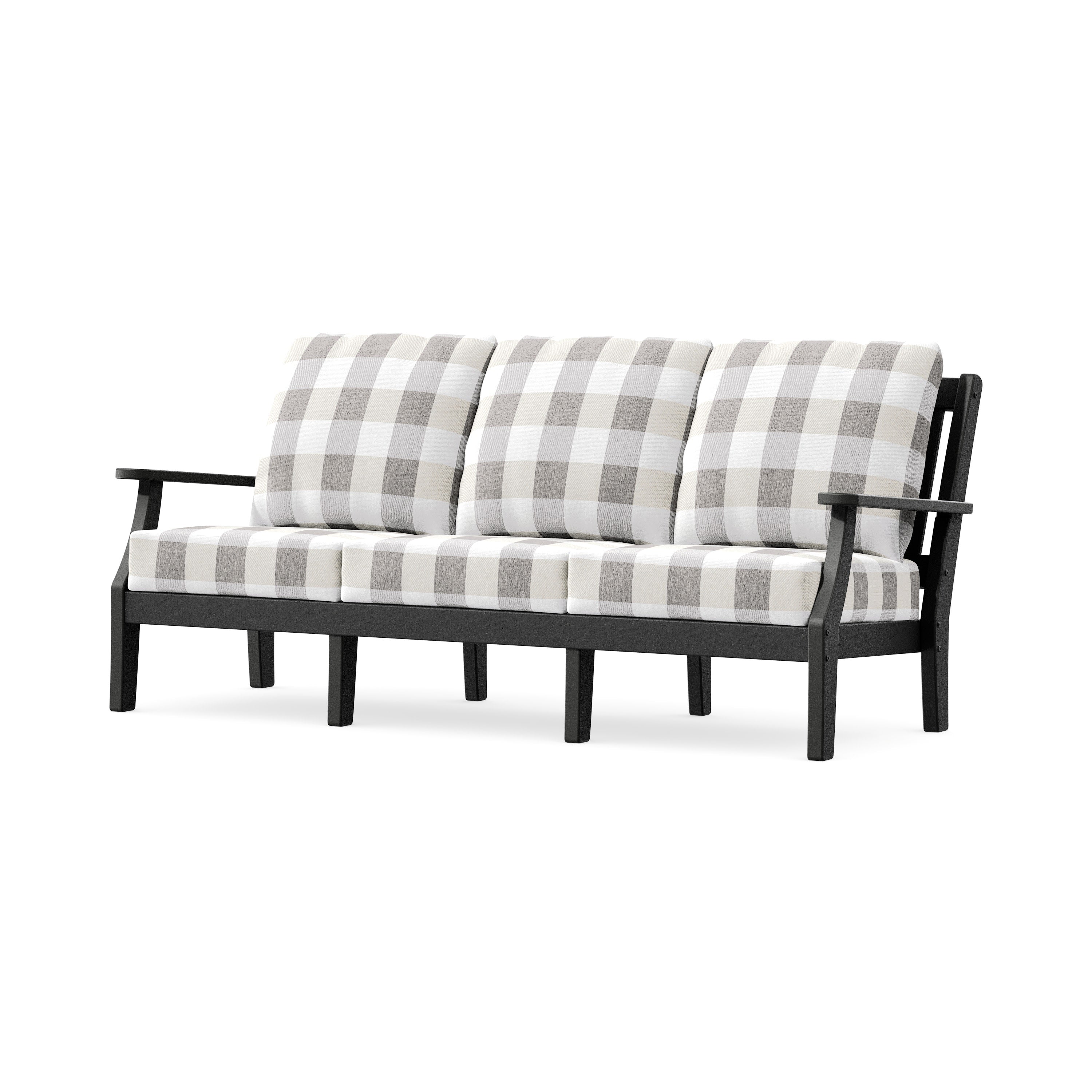 Chinoiserie Deep Seating Sofa in Black / Buffalo Plaid Grey Mist