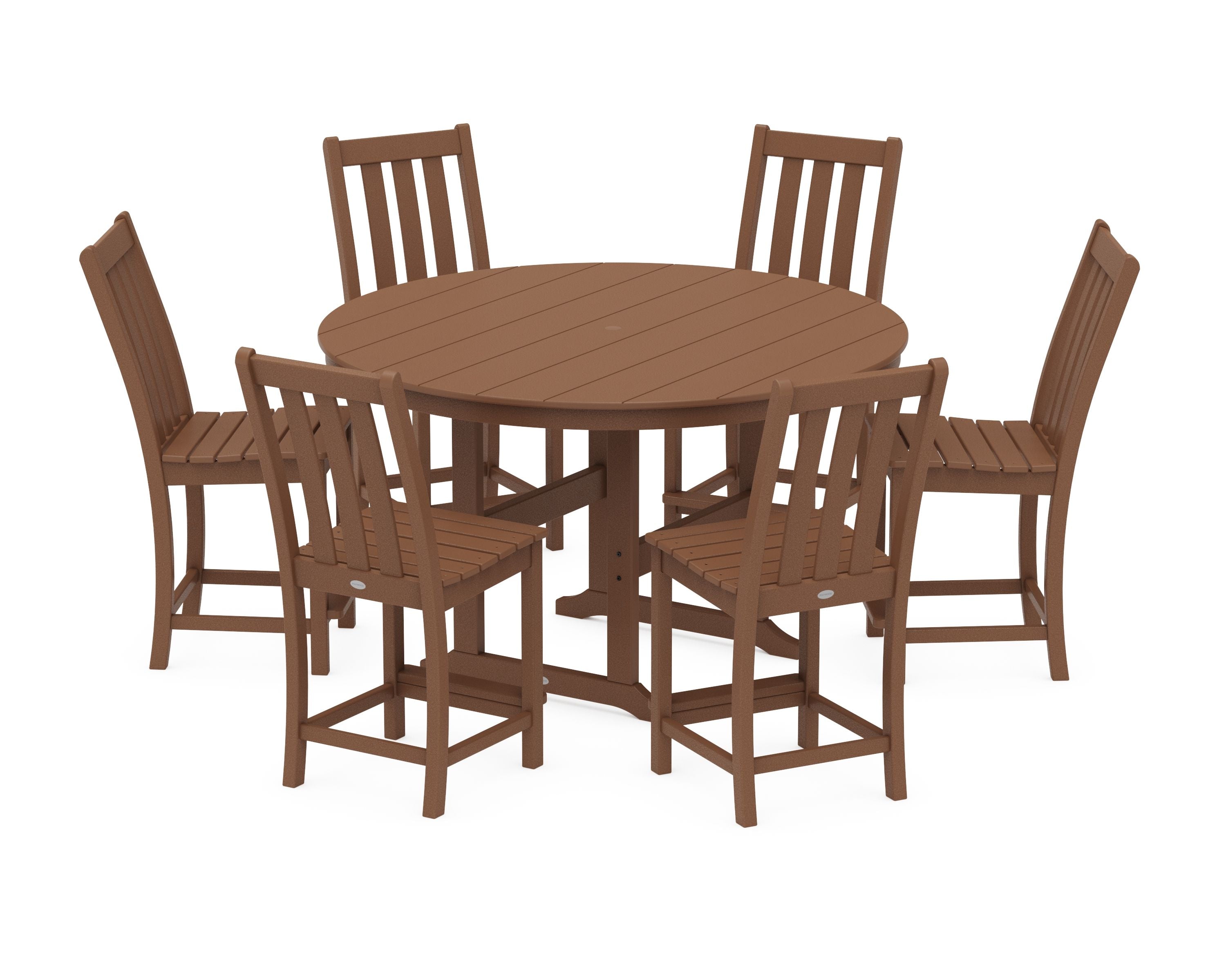Vineyard 7-Piece Farmhouse Side Chair Round Farmhouse Counter Set in Teak