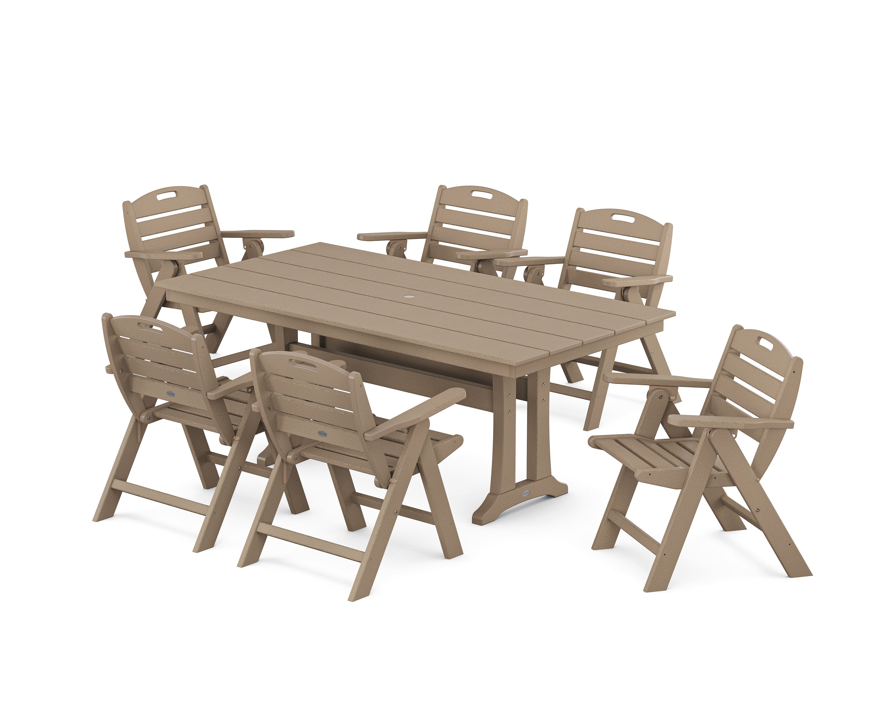 Nautical Lowback 7-Piece Farmhouse Dining Set with Trestle Legs in Vintage Sahara