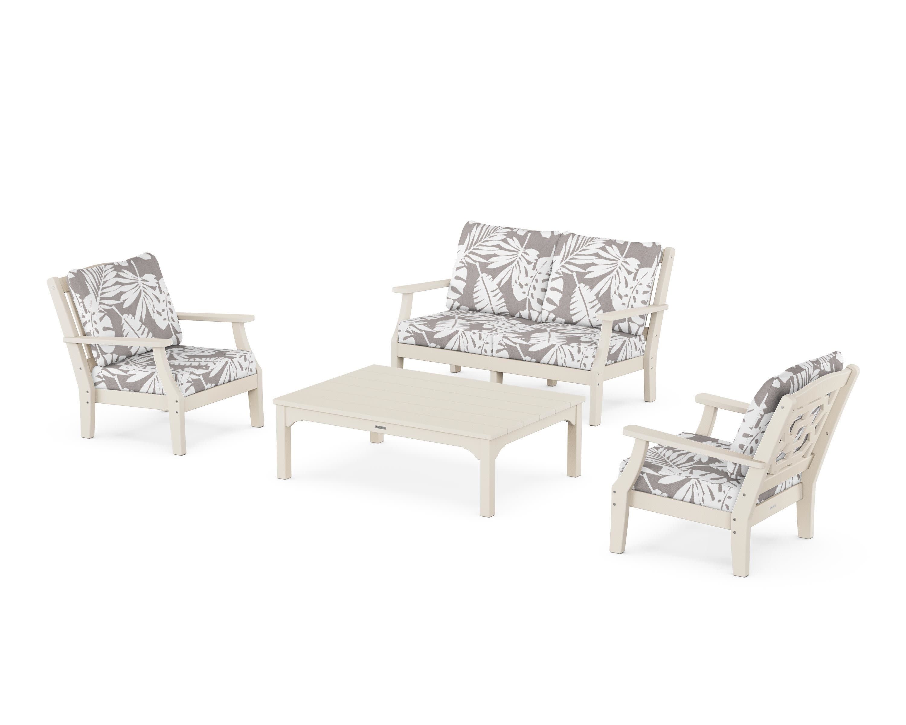 Chinoiserie 4-Piece Deep Seating Set with Loveseat in Sand / Leaf Grey Mist