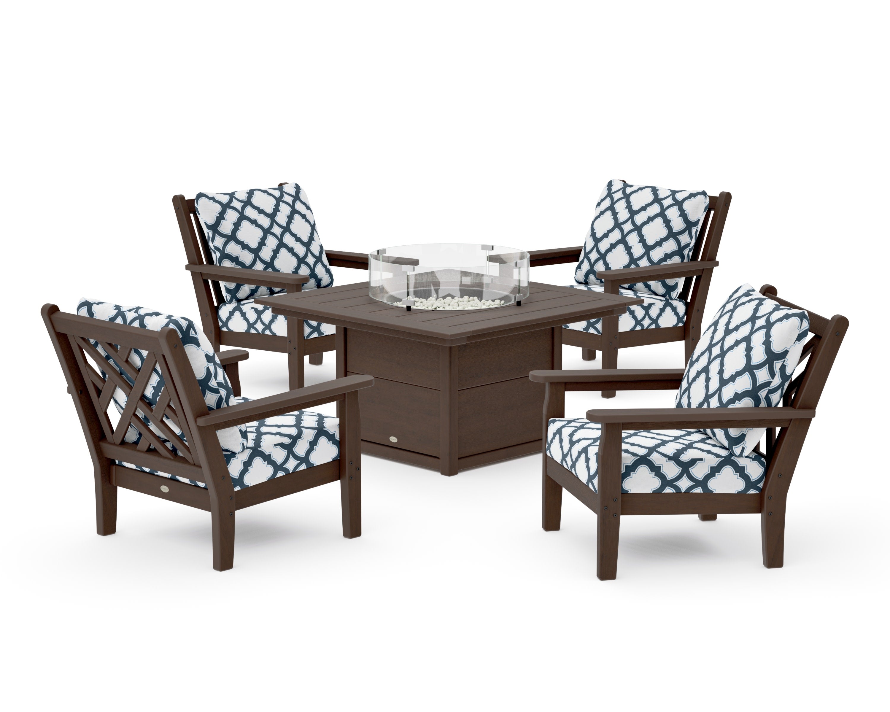 Chippendale 5-Piece Deep Seating Set with Fire Pit Table in Kona / Trellis Marine Indigo