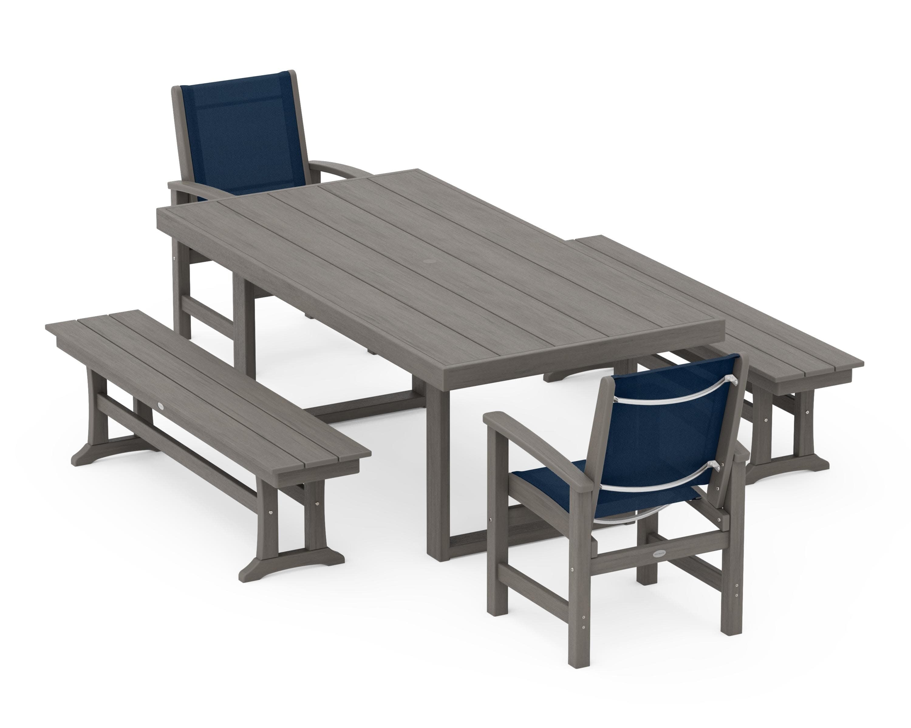 Coastal 5-Piece Dining Set with Trestle Legs in Driftwood / Navy Blue Sling