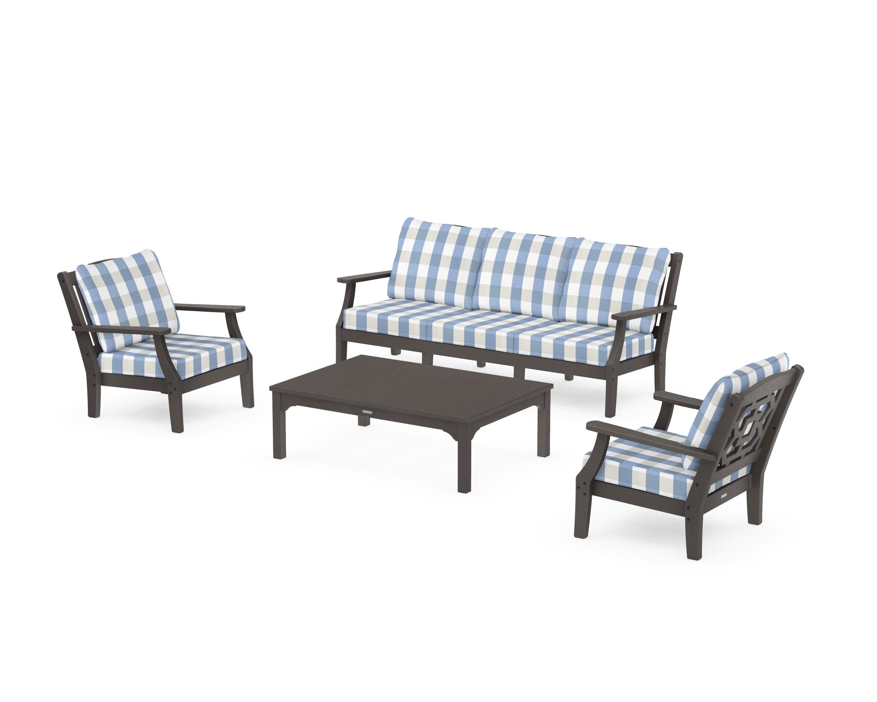 Chinoiserie 4-Piece Deep Seating Set with Sofa in Vintage Coffee / Buffalo Plaid Sky Blue