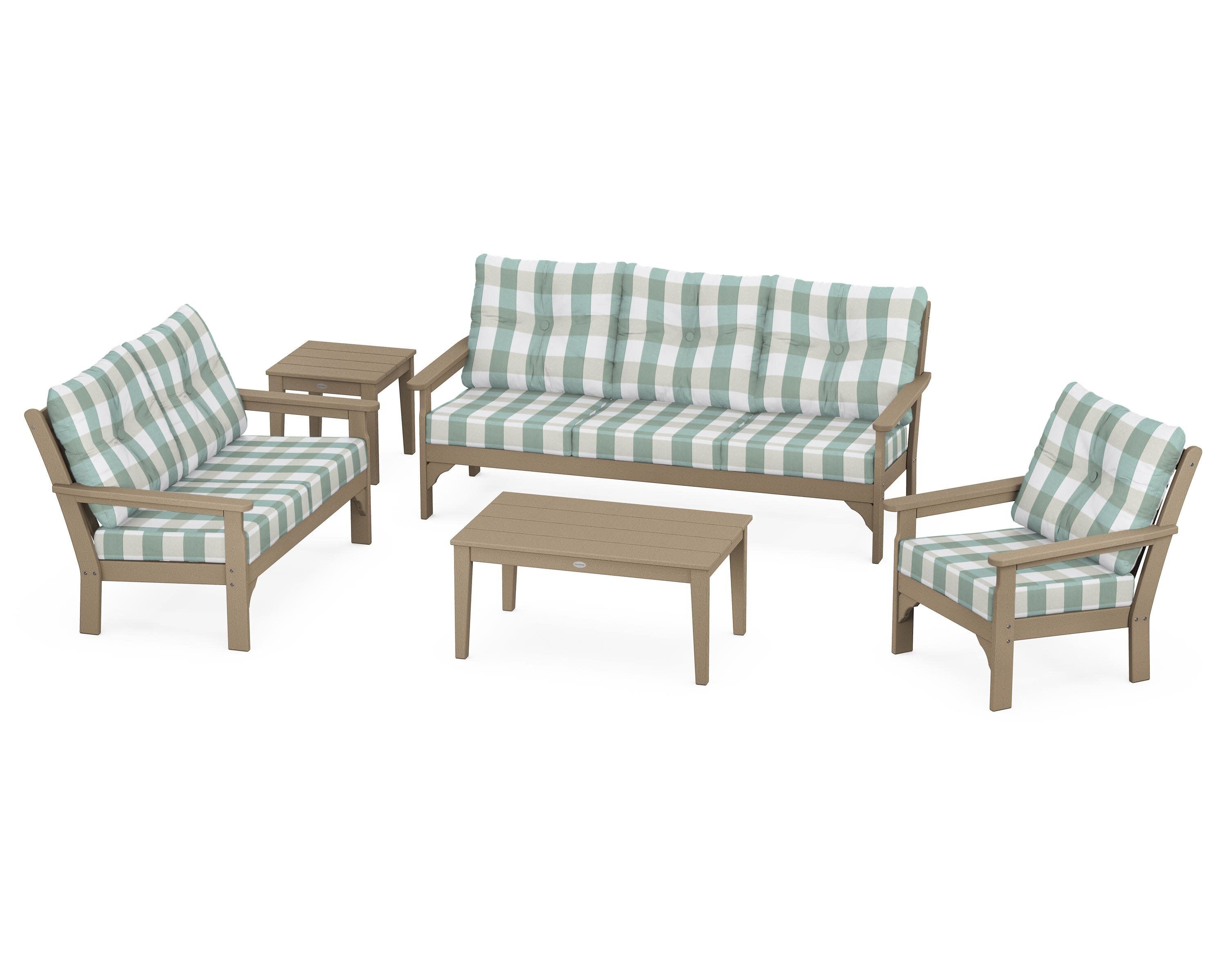 Vineyard 5 Piece Deep Seating Set in Vintage Sahara / Buffalo Plaid Glacier Spa