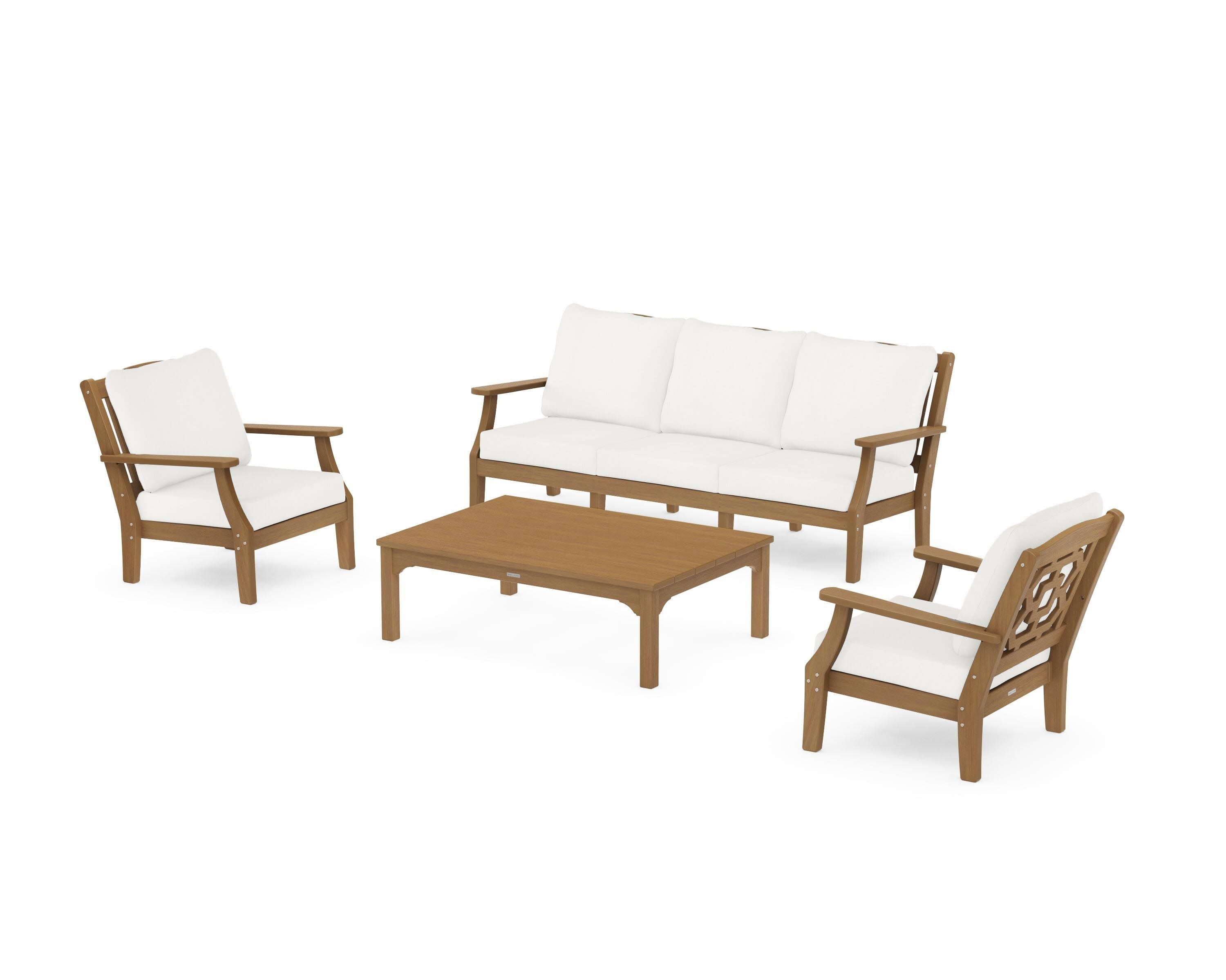 Chinoiserie 4-Piece Deep Seating Set with Sofa in Natural / Natural Linen