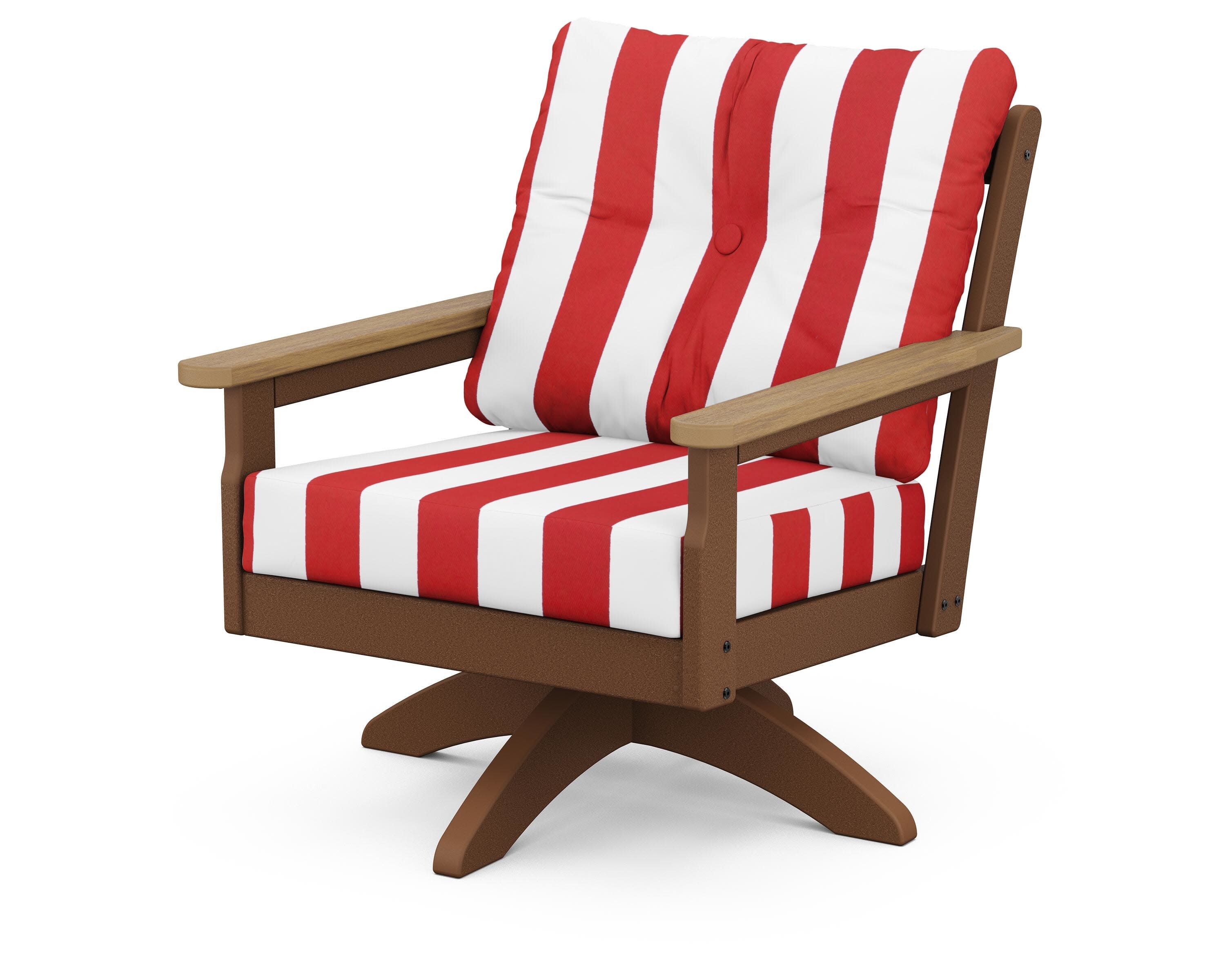 Vineyard Deep Seating Swivel Chair in Teak / Natural / Cabana Stripe Crimson