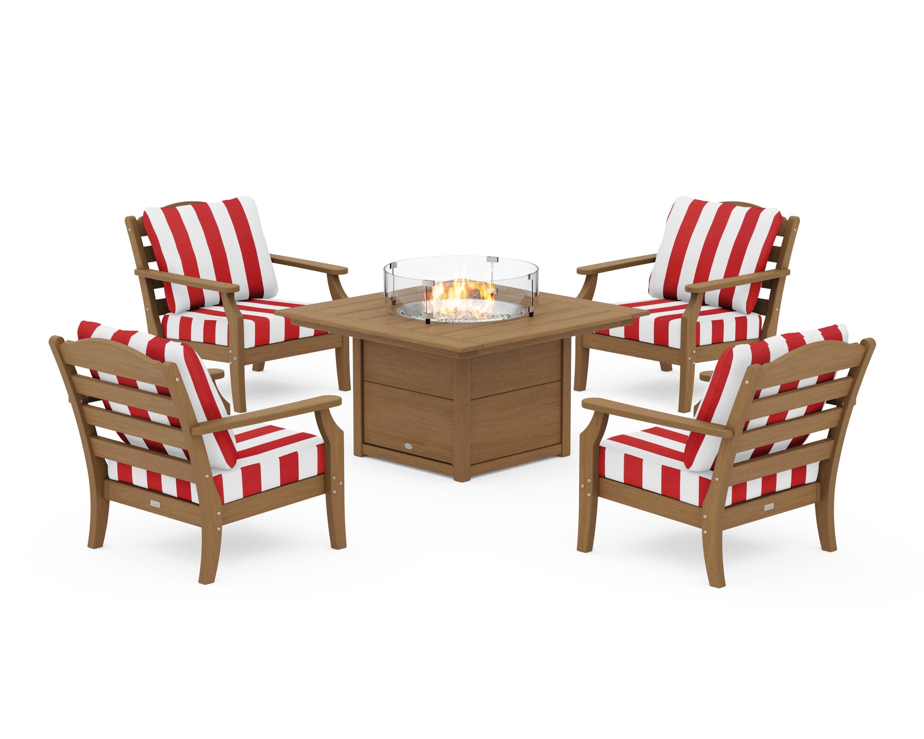Savannah 5-Piece Deep Seating Set with Fire Pit Table in Natural / Cabana Stripe Crimson