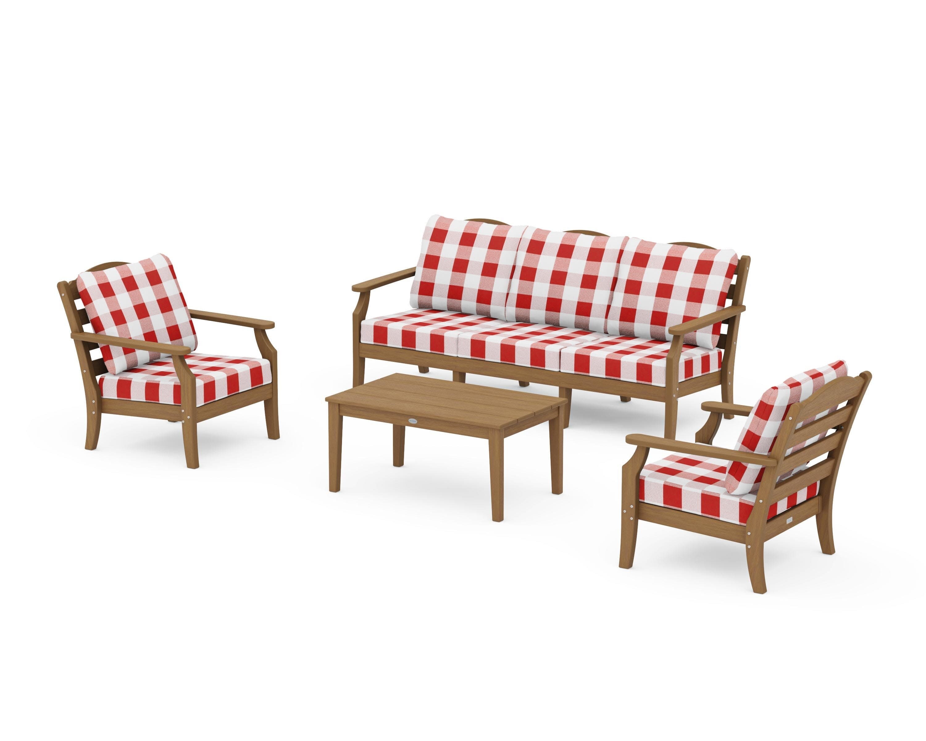 Savannah 4-Piece Deep Seating Set with Sofa in Natural / Buffalo Plaid Crimson