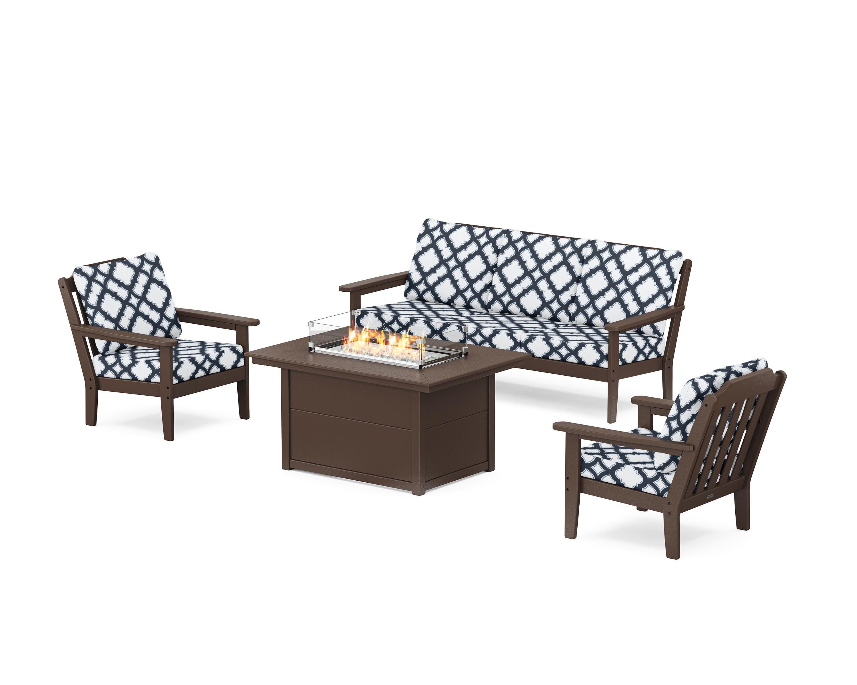 Cottage Deep Seating Fire Pit Table Set in Mahogany / Trellis Marine Indigo