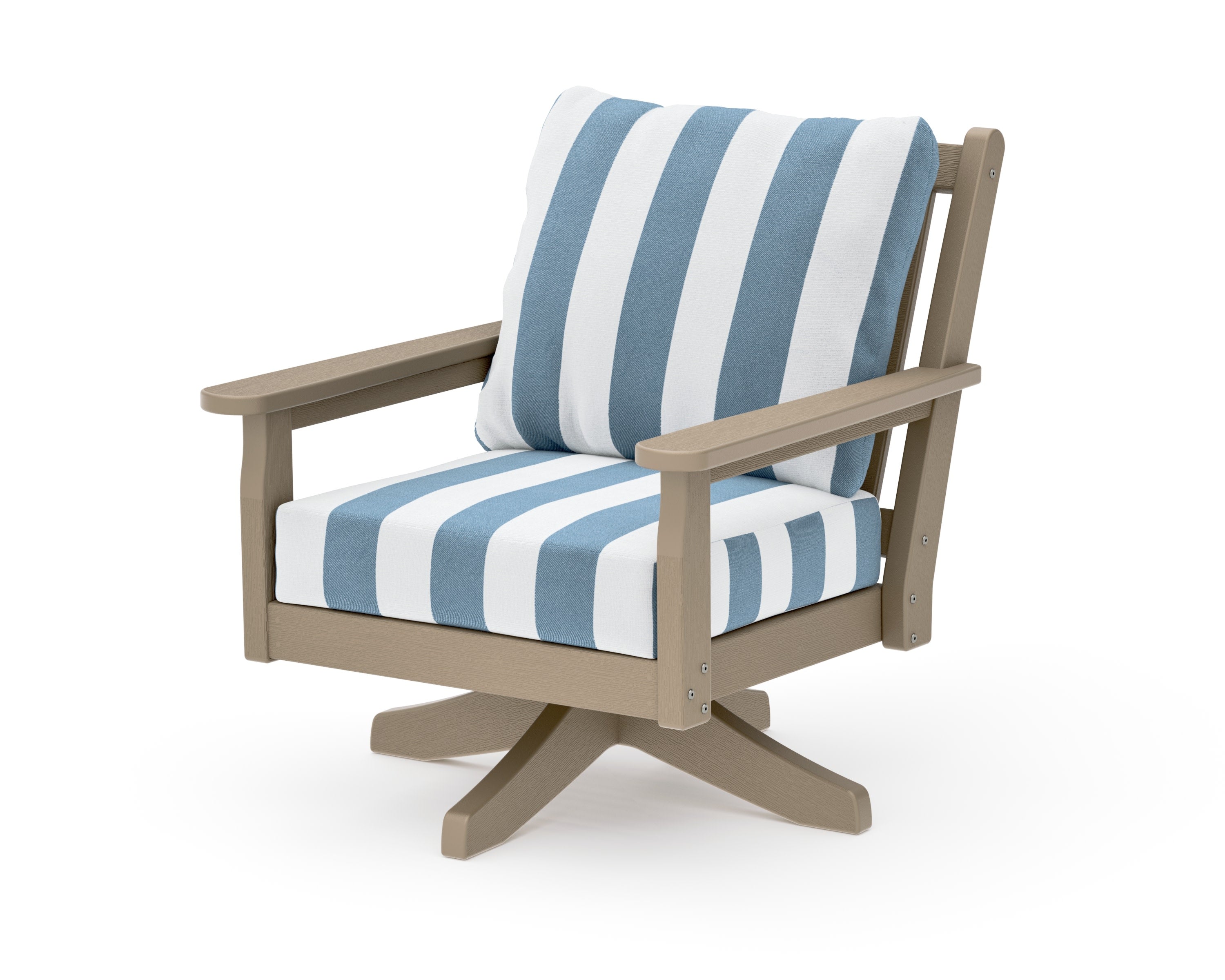 Chippendale Deep Seating Swivel Chair in Vintage Sahara / Cabana Stripe Sky Blue