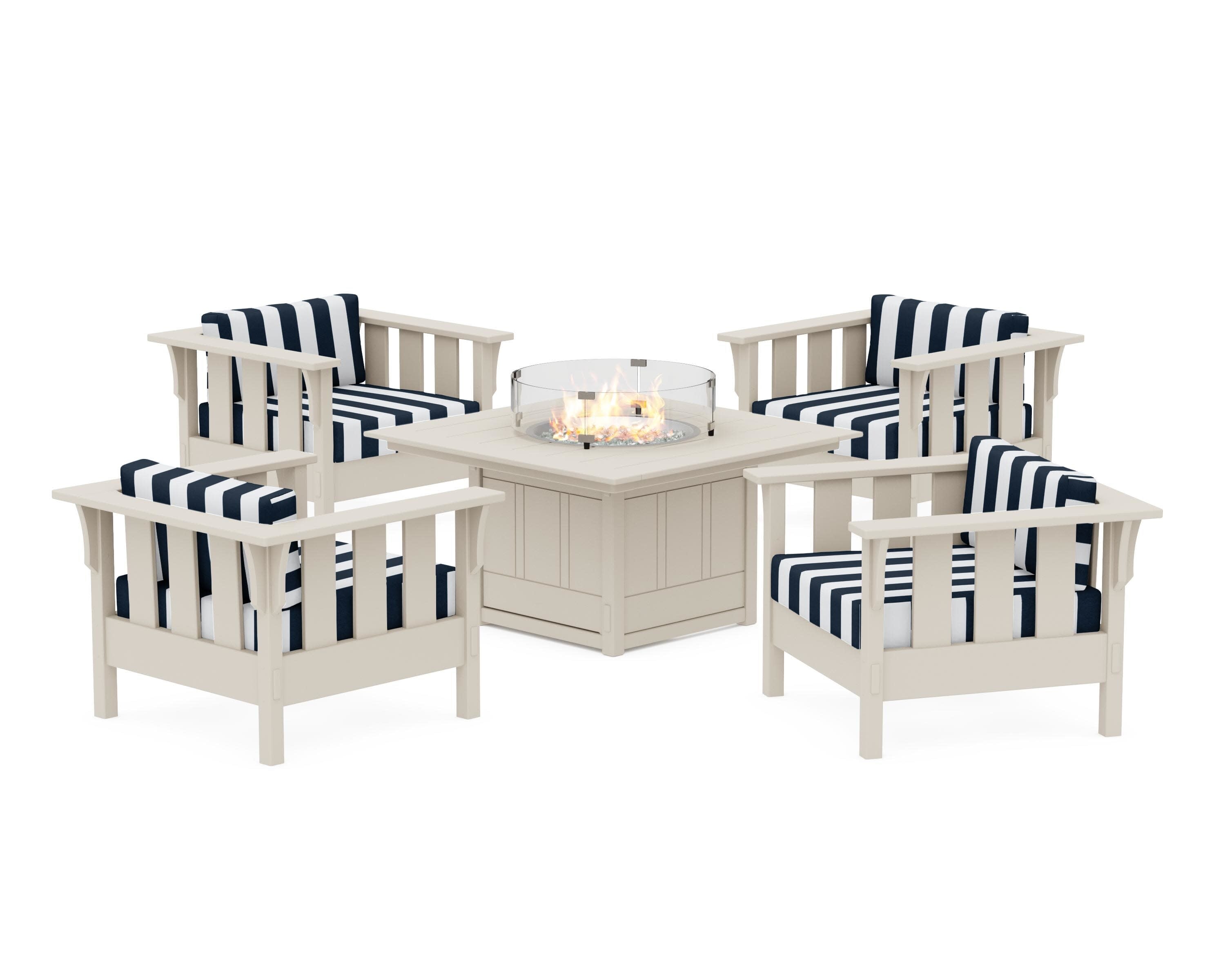 Acadia 5-Piece Deep Seating Set with Fire Pit Table in Sand / Cabana Stripe Marine Indigo
