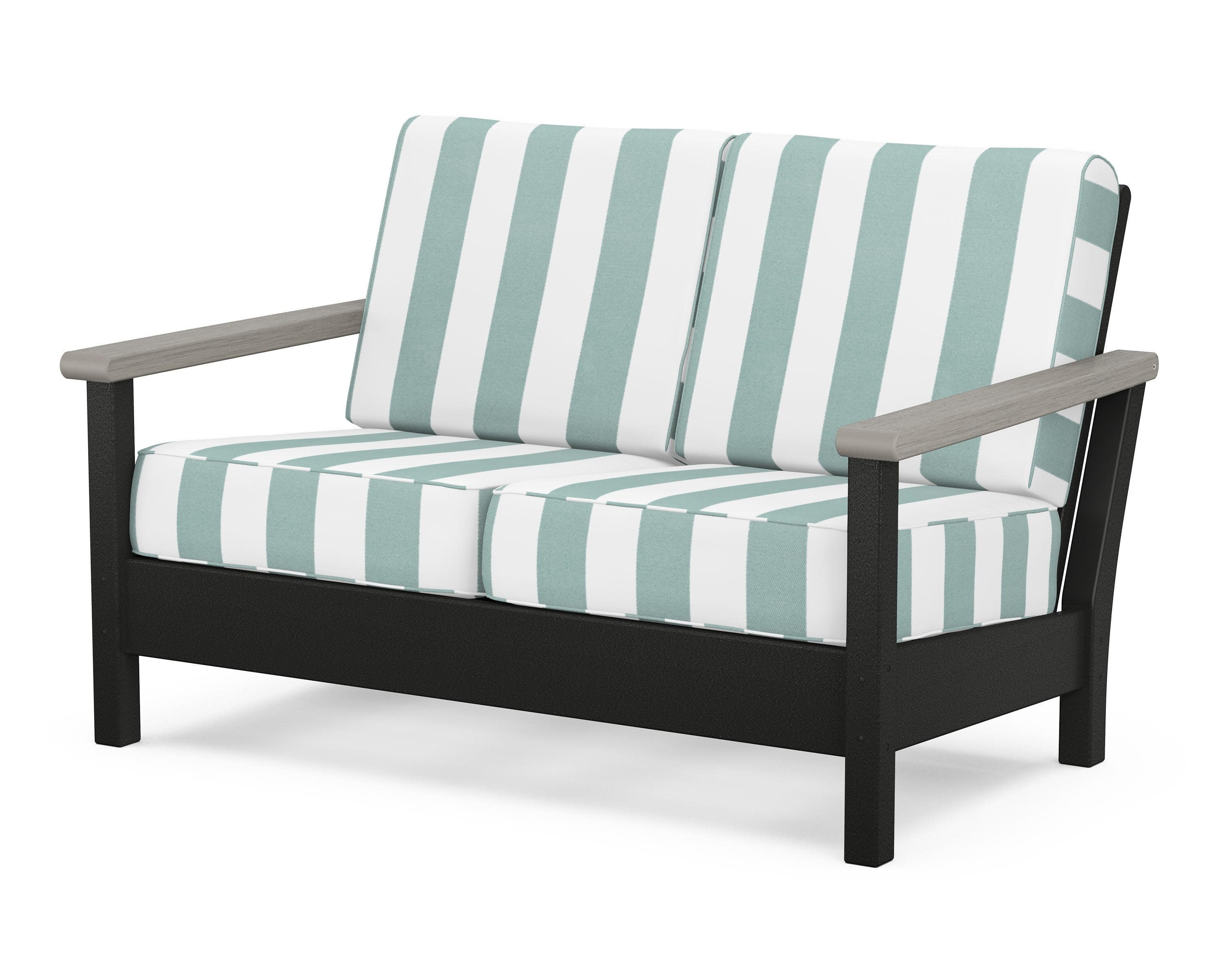 Harbour Deep Seating Loveseat in Black / Driftwood / Cabana Stripe Glacier Spa
