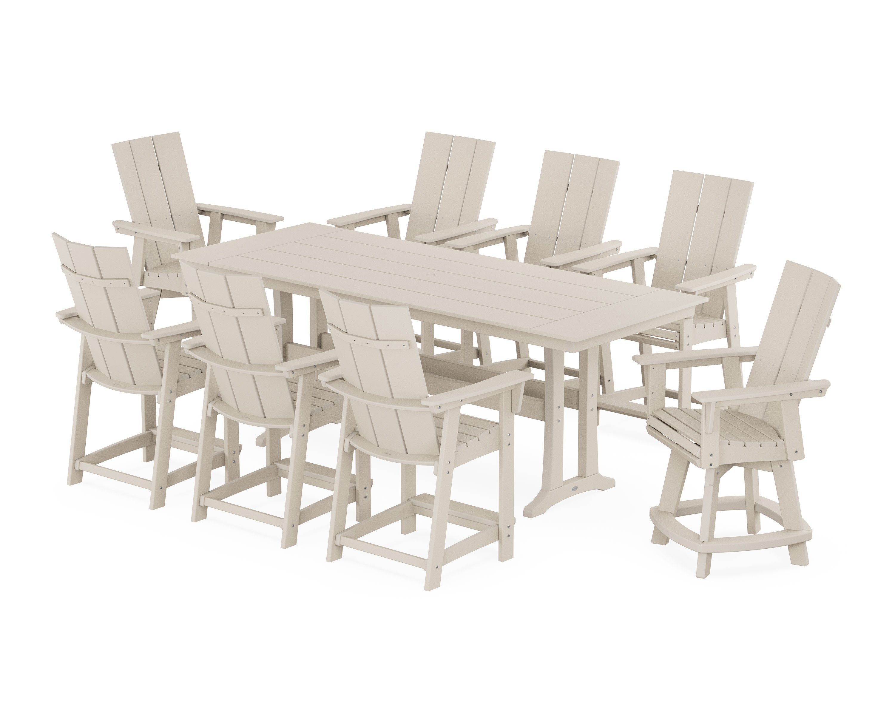 Modern Curveback Adirondack Swivel 9-Piece Farmhouse Counter Set with Trestle Legs in Sand