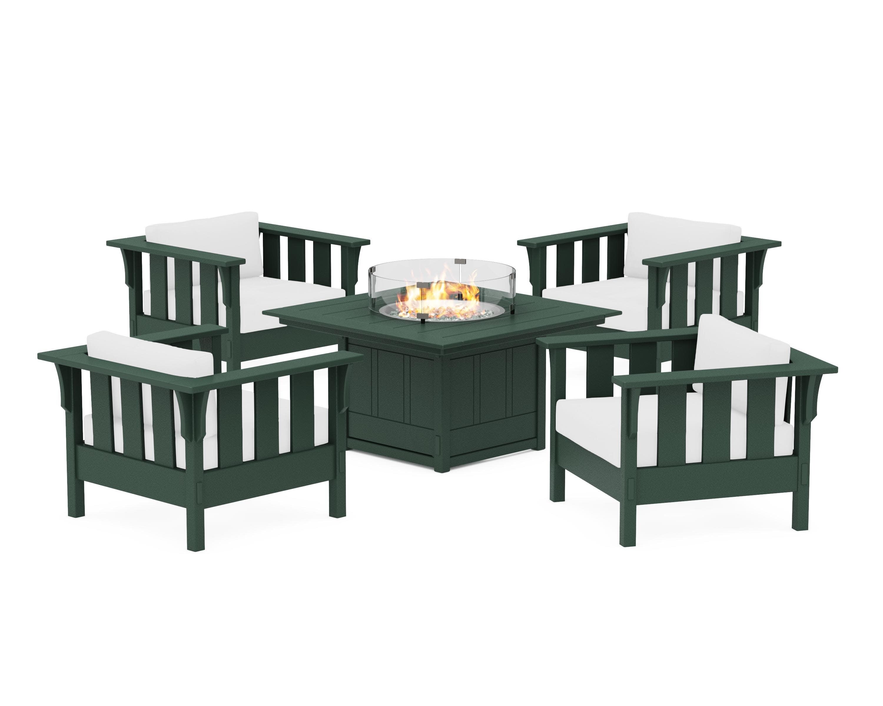 Acadia 5-Piece Deep Seating Set with Fire Pit Table in Green / Natural