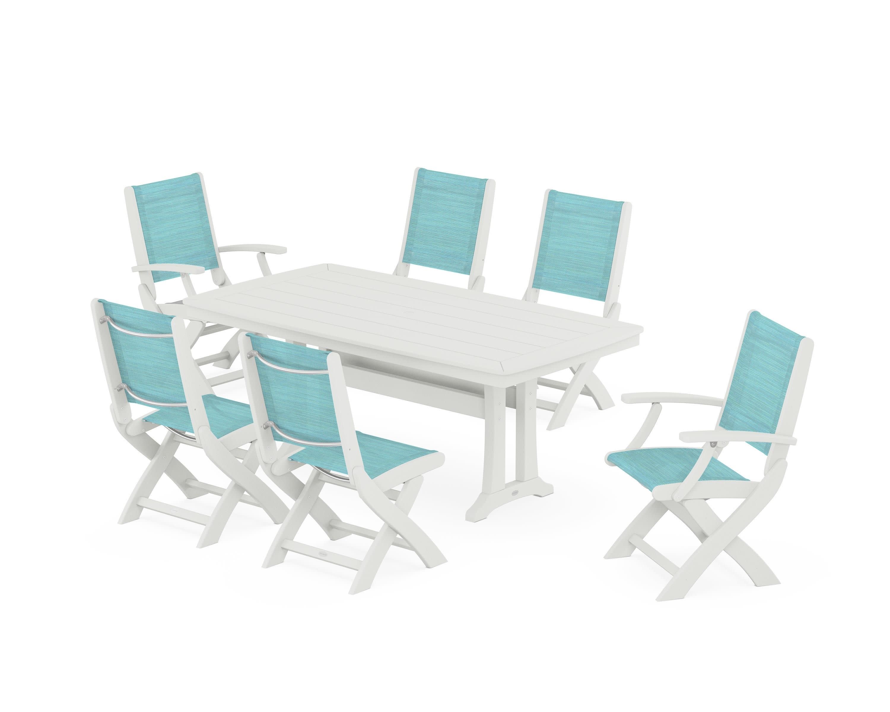 Coastal Folding Chair 7-Piece Dining Set with Trestle Legs in Vintage White / Dupioni Aquamarine Sling