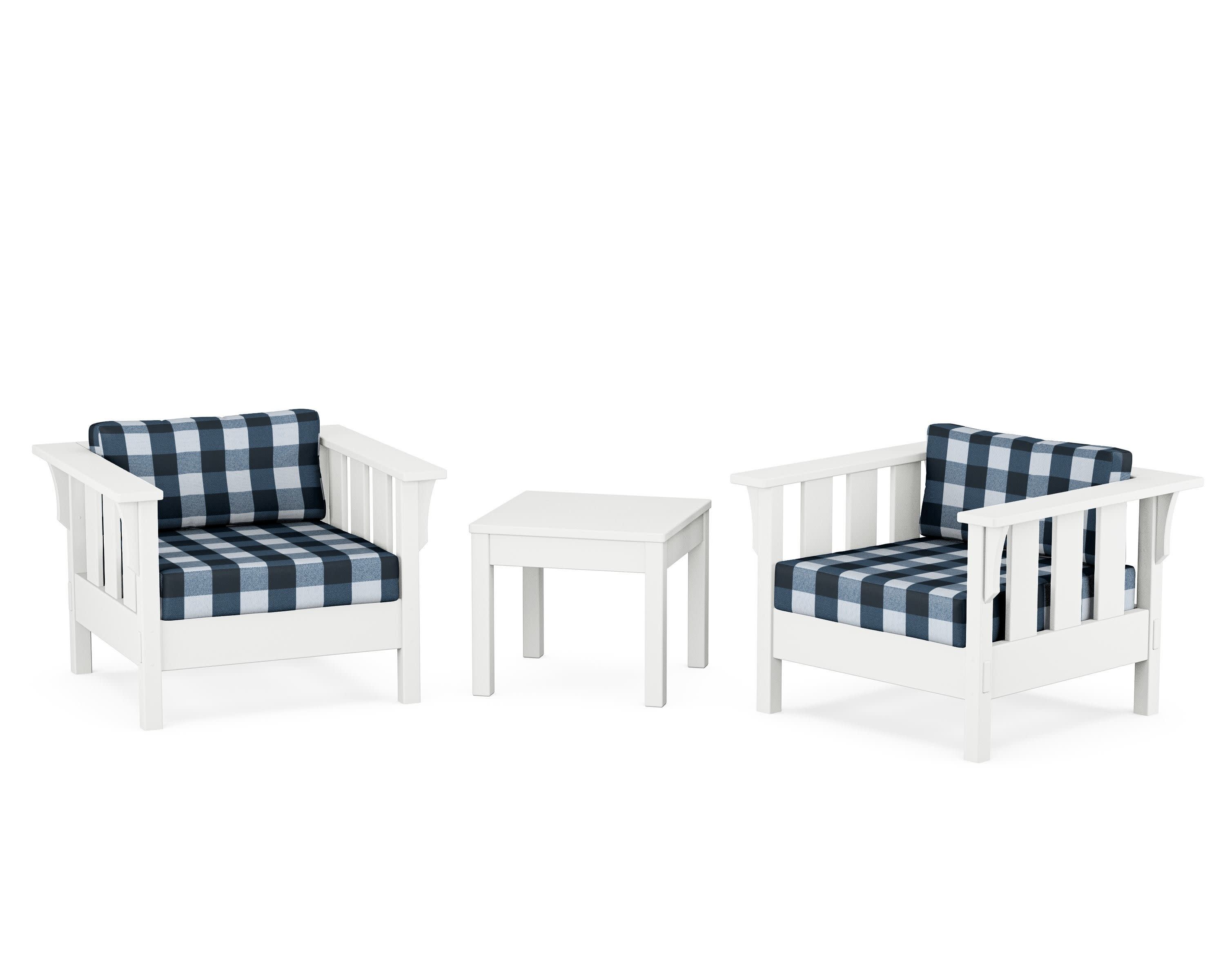 Acadia 3-Piece Deep Seating Set in White / Buffalo Plaid Marine Indigo