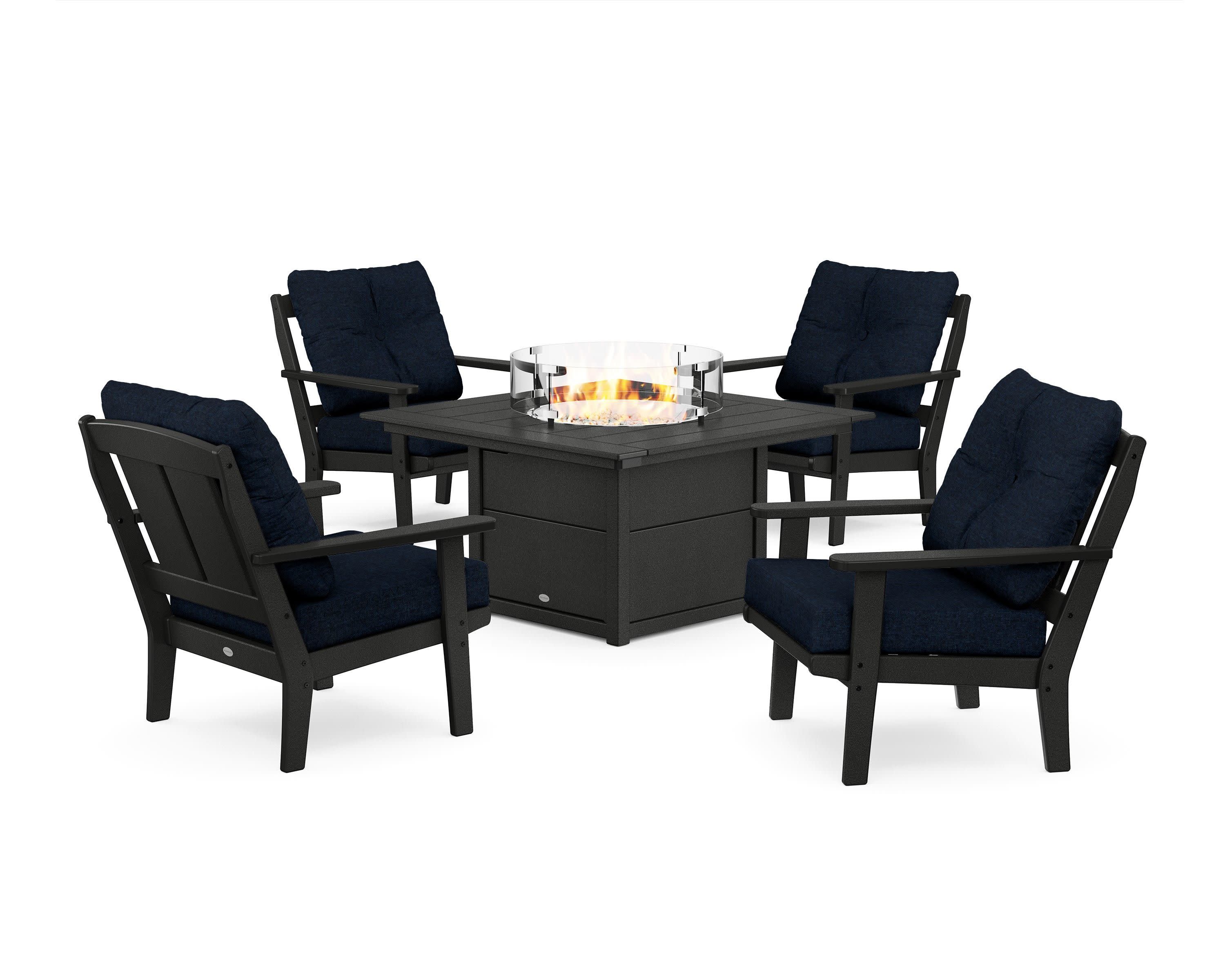 Mission 5-Piece Deep Seating Set with Fire Pit Table in Black / Marine Indigo