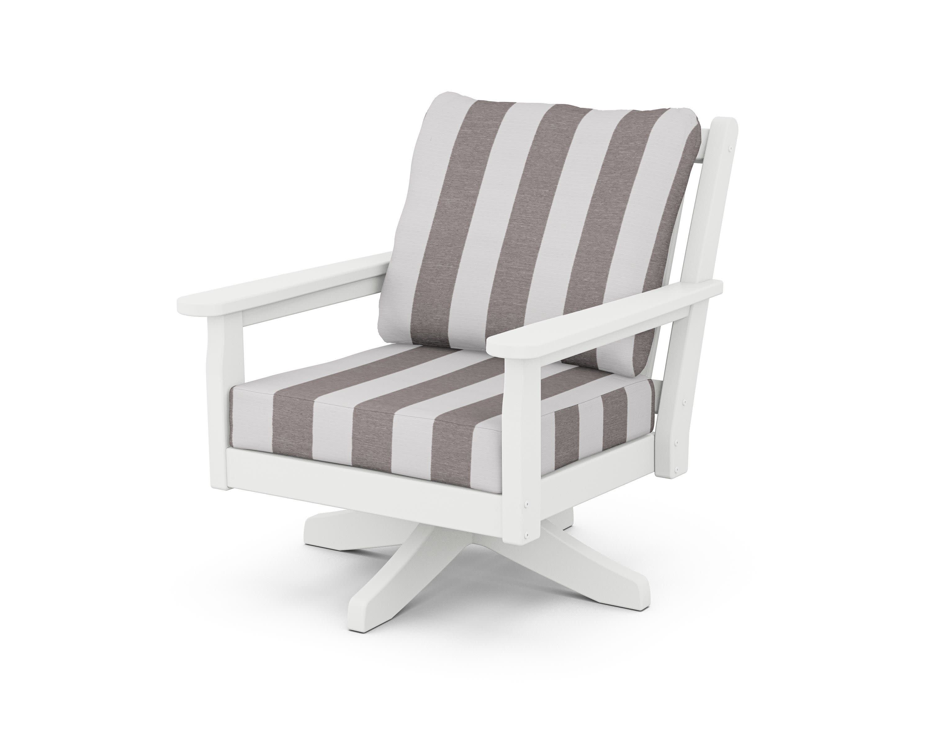 Chippendale Deep Seating Swivel Chair in White / Cabana Stripe Grey Mist