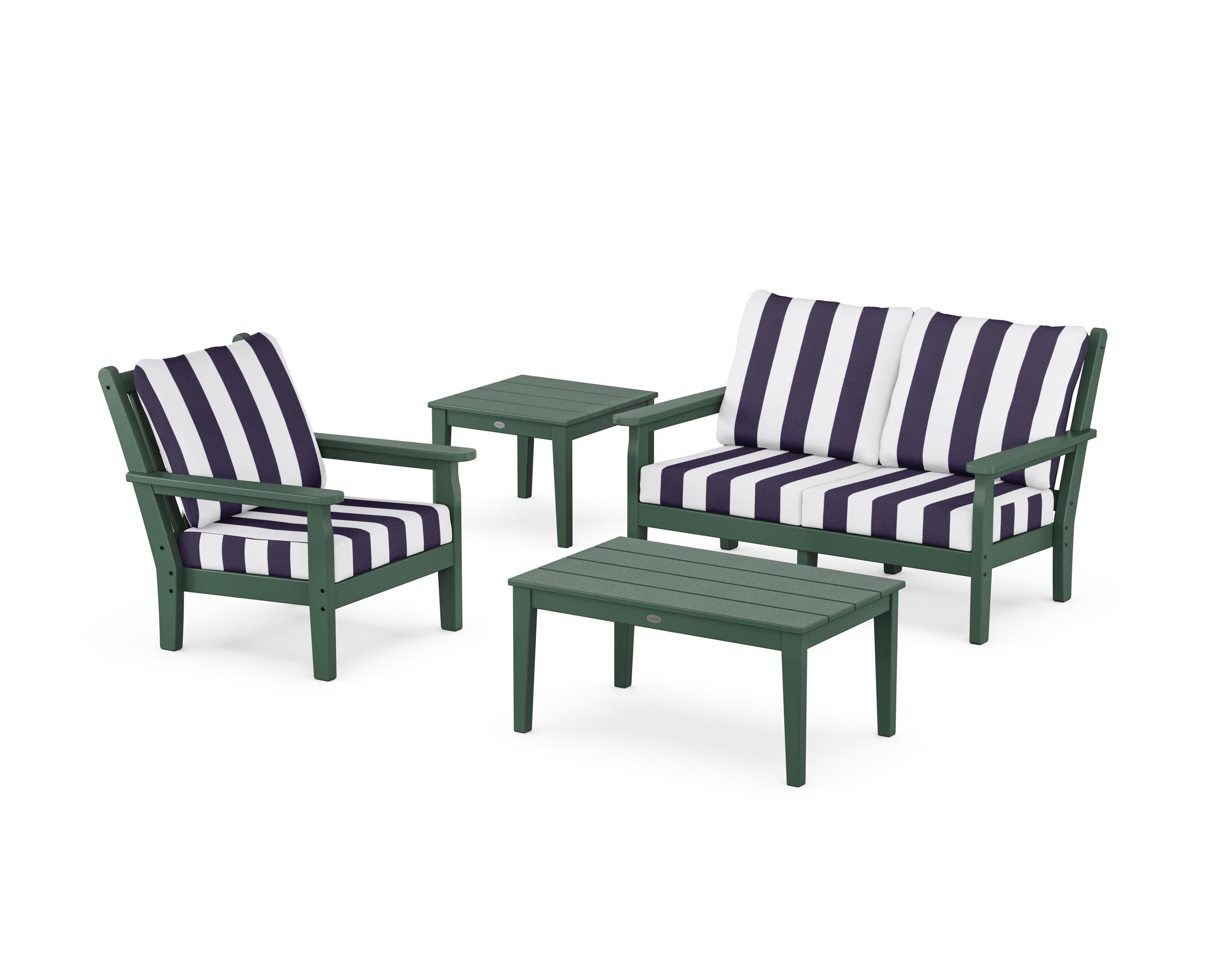 Chippendale 4-Piece Deep Seating Set in Green / Cabana Stripe Navy
