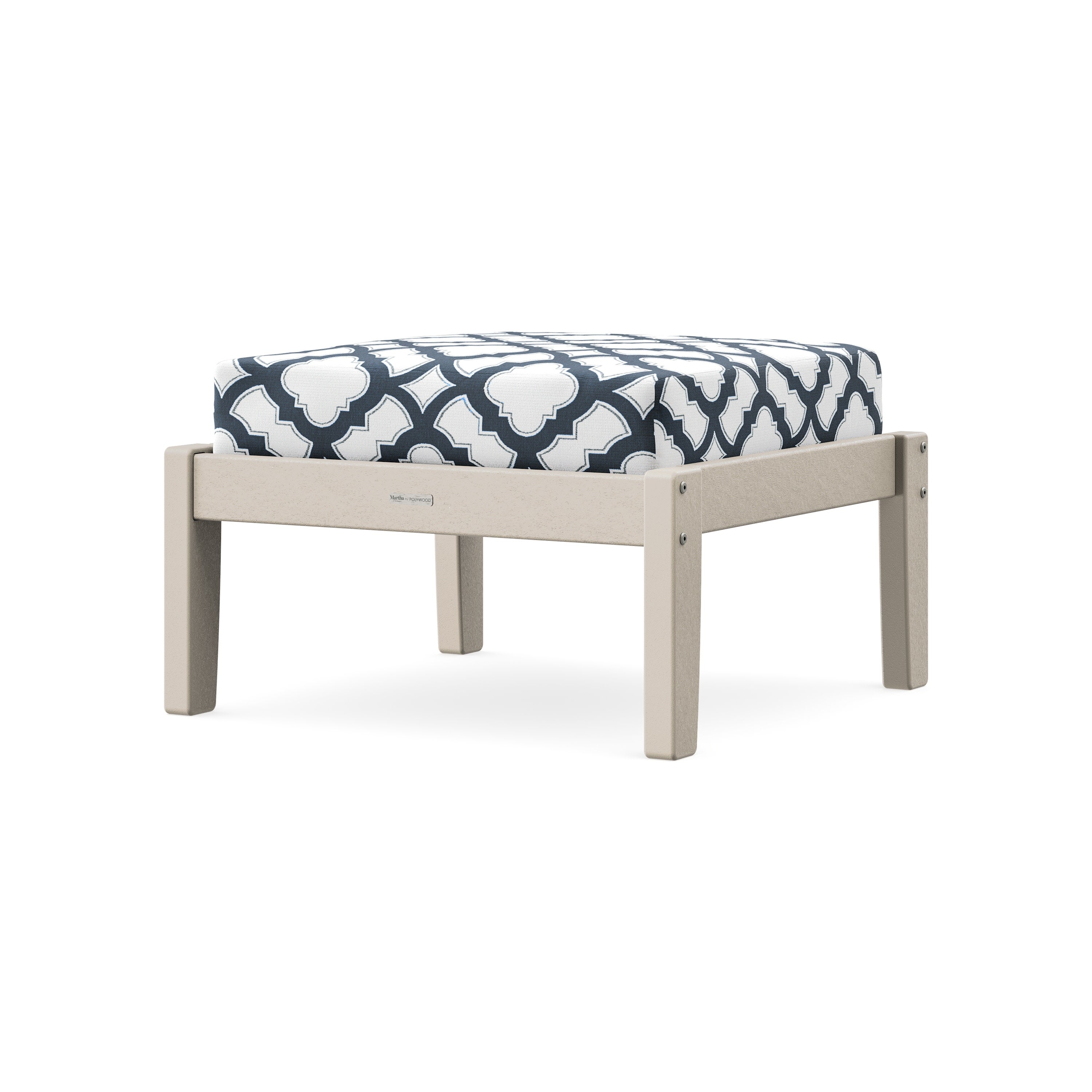 Chinoiserie Deep Seating Ottoman in Sand / Trellis Marine Indigo