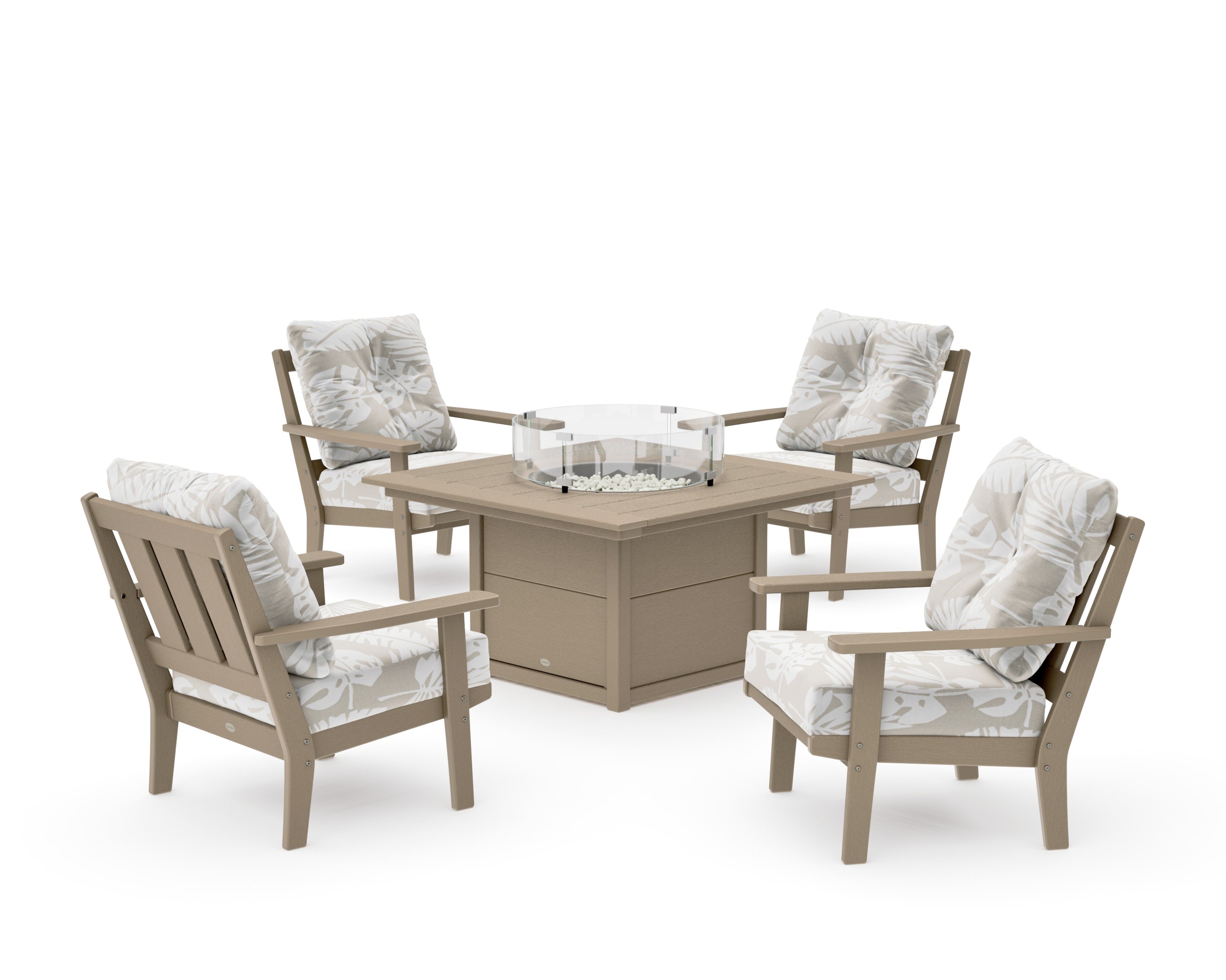 Oxford 5-Piece Deep Seating Set with Fire Pit Table in Vintage Sahara / Leaf Dune Burlap