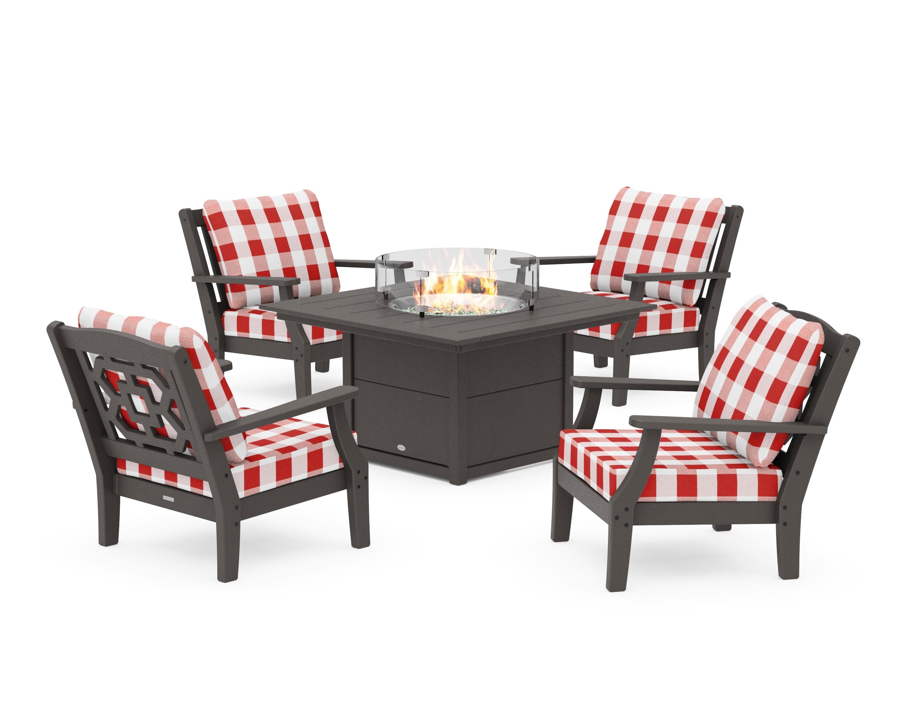 Chinoiserie 5-Piece Deep Seating Set with Fire Pit Table in Vintage Coffee / Buffalo Plaid Crimson