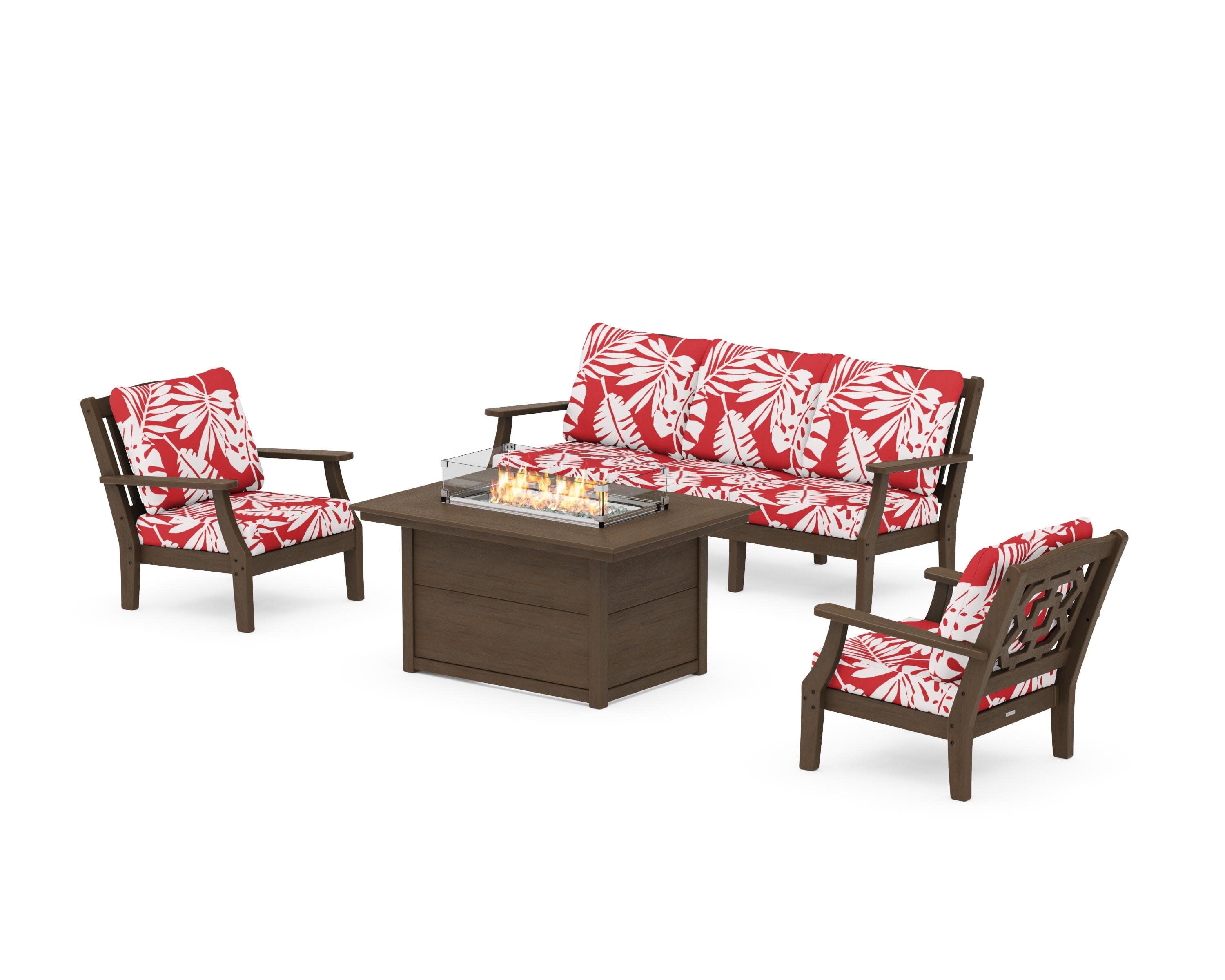 Chinoiserie Deep Seating Fire Pit Table Set in Kona / Leaf Crimson