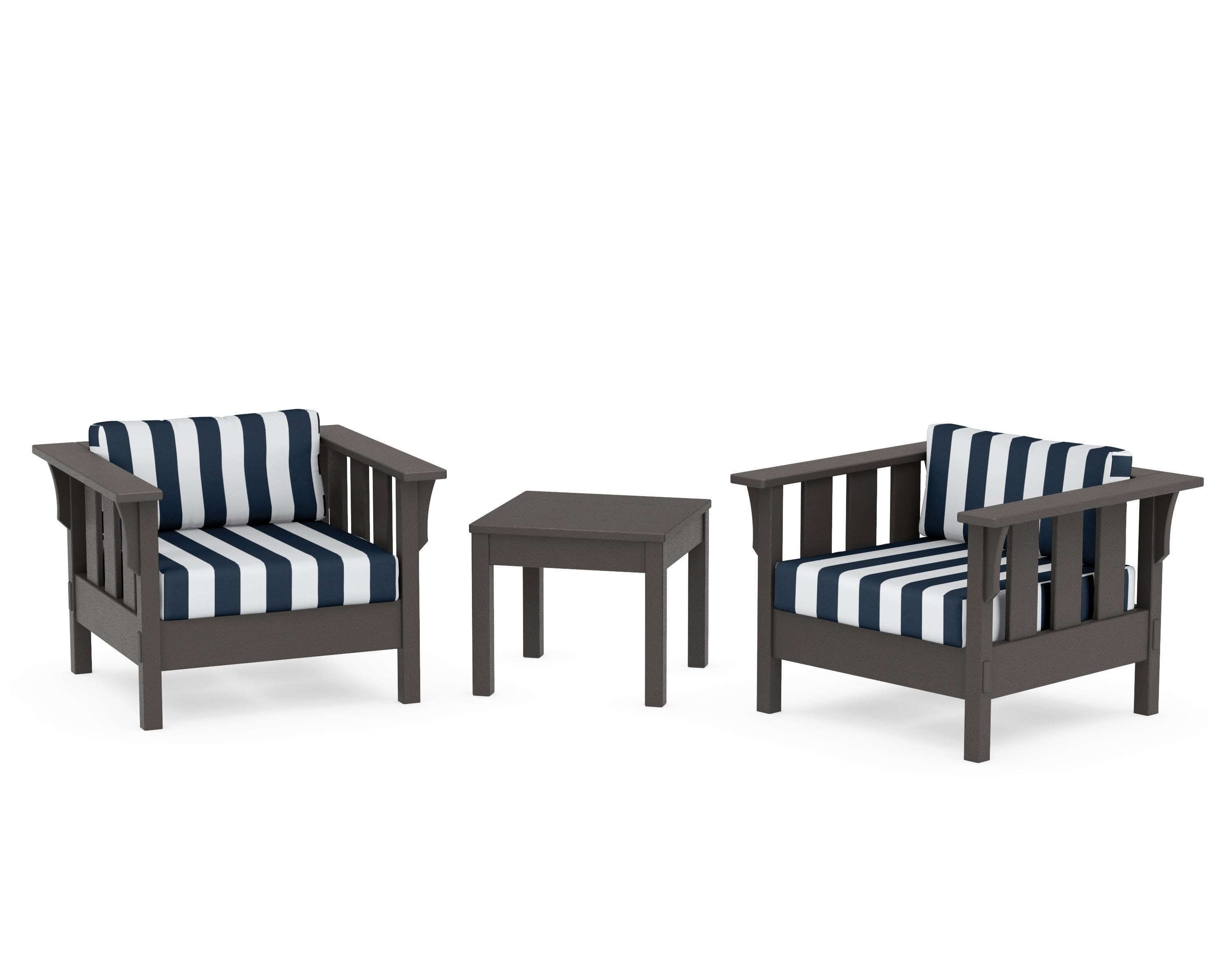 Acadia 3-Piece Deep Seating Set in Vintage Coffee / Cabana Stripe Marine Indigo