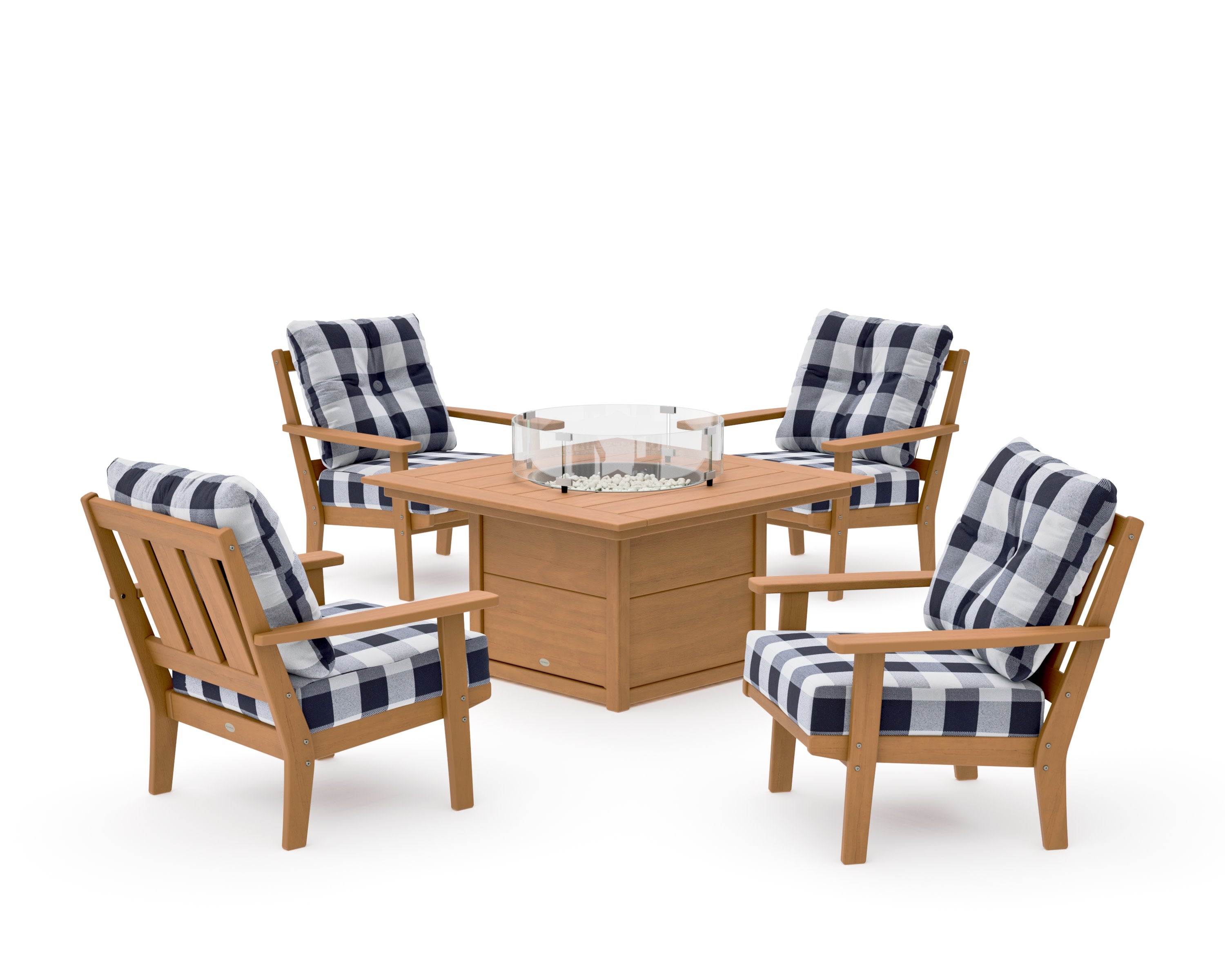 Oxford 5-Piece Deep Seating Set with Fire Pit Table in Natural / Buffalo Plaid Navy